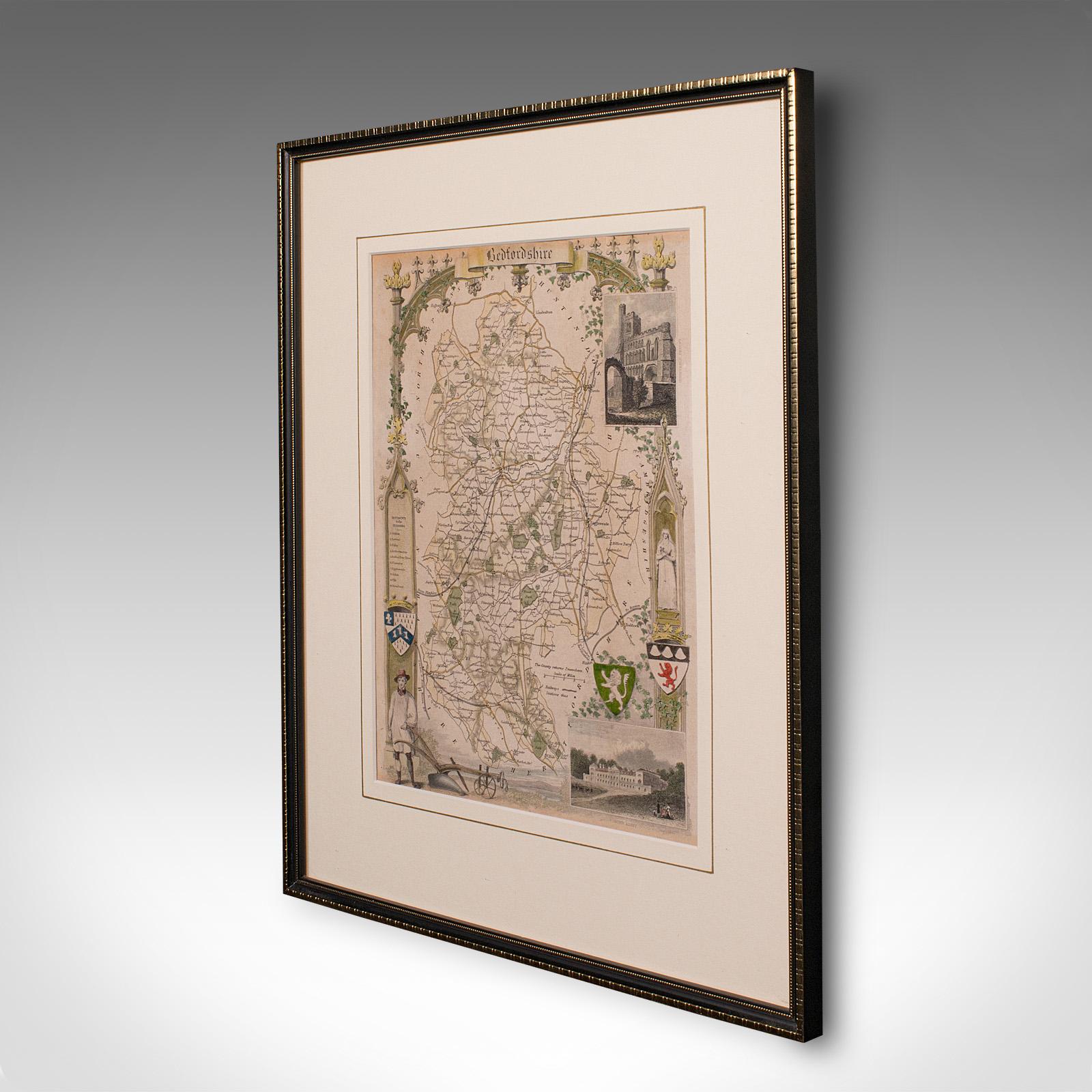 Victorian Antique Lithography Map, Bedfordshire, English, Framed Engraving, Cartography For Sale