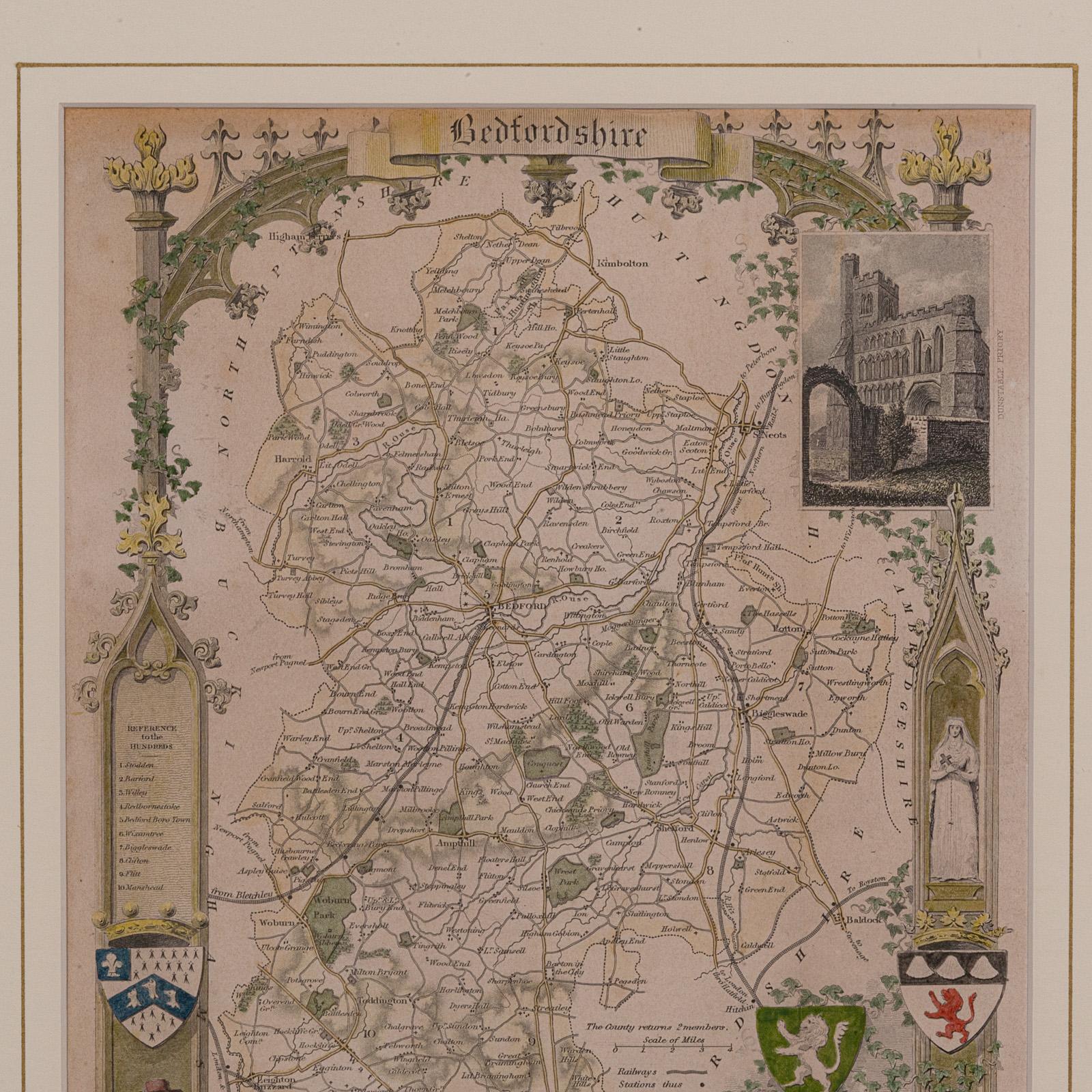 Vittoriano Carta litografica antica, Bedfordshire, Inglese, Incisione con cornice, Cartografia in vendita