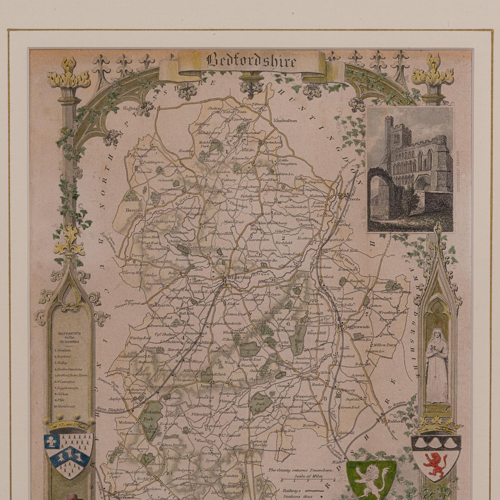 Antique Lithography Map, Bedfordshire, English, Framed Engraving, Cartography In Good Condition For Sale In Hele, Devon, GB