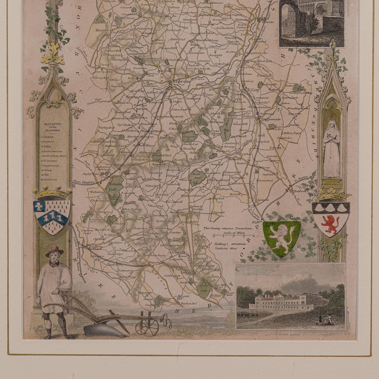 19th Century Antique Lithography Map, Bedfordshire, English, Framed Engraving, Cartography For Sale
