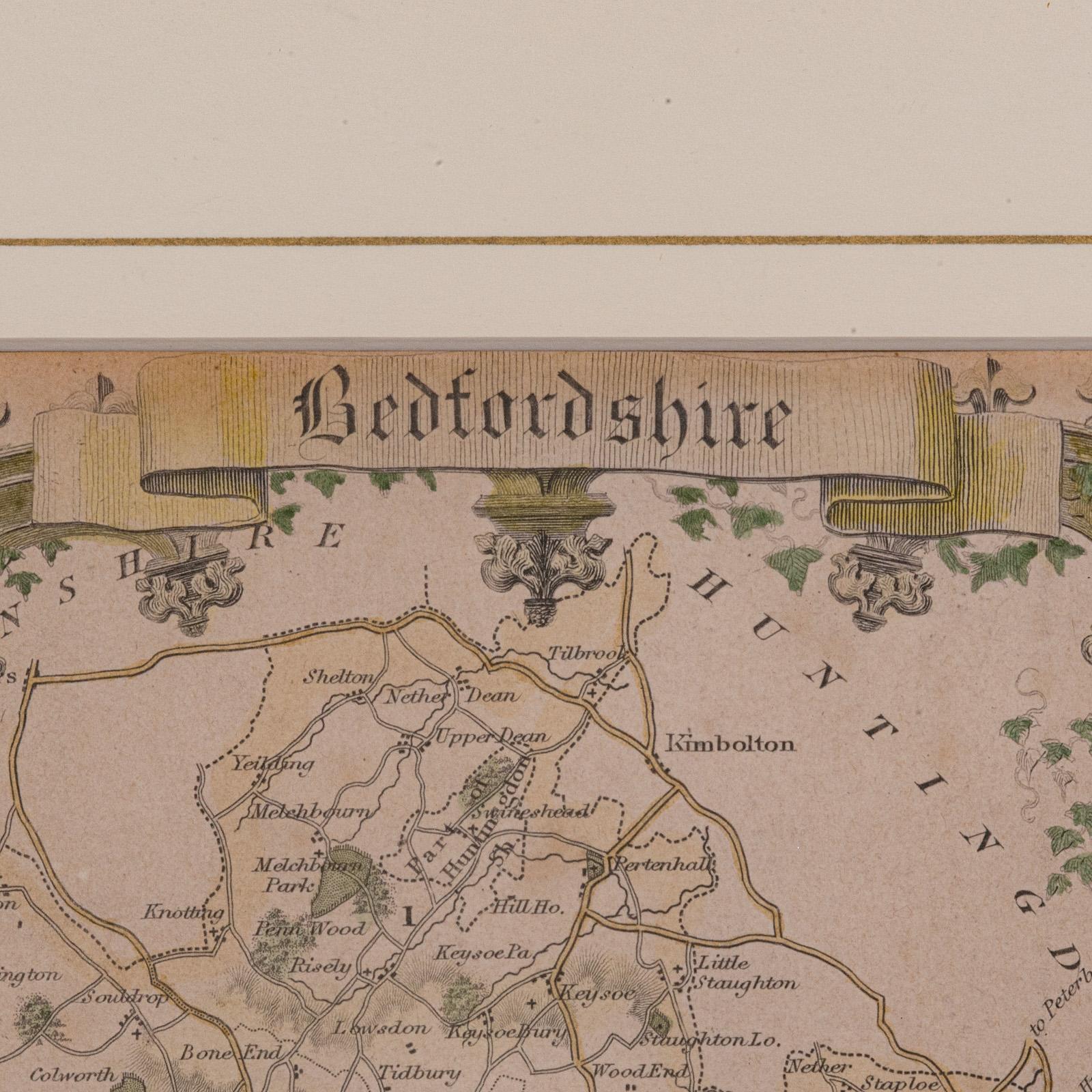 Wood Antique Lithography Map, Bedfordshire, English, Framed Engraving, Cartography For Sale