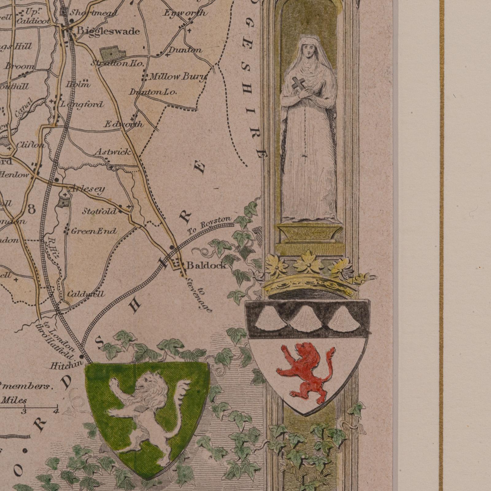 Legno Carta litografica antica, Bedfordshire, Inglese, Incisione con cornice, Cartografia in vendita
