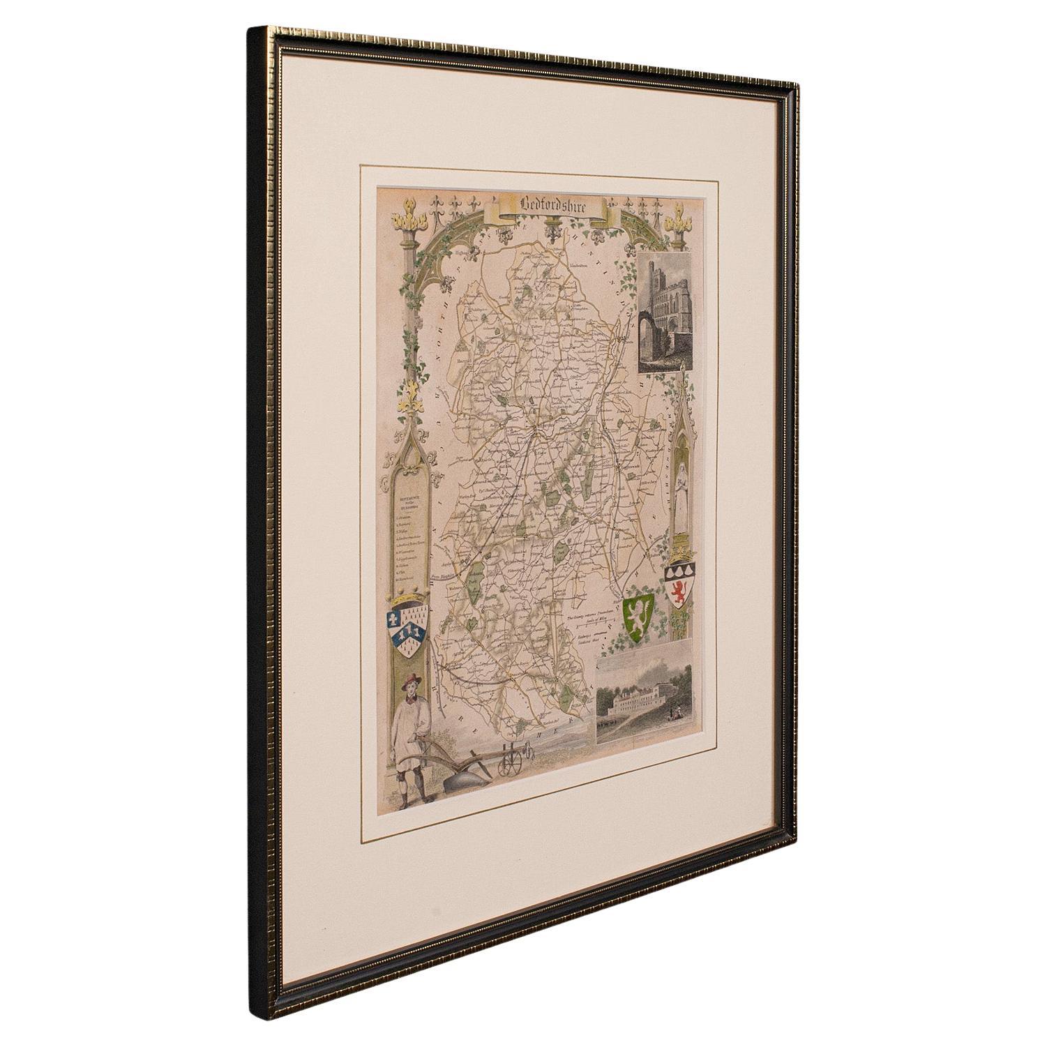 Carte lithographie ancienne, Bedfordshire, anglaise, gravure encadrée, cartographie