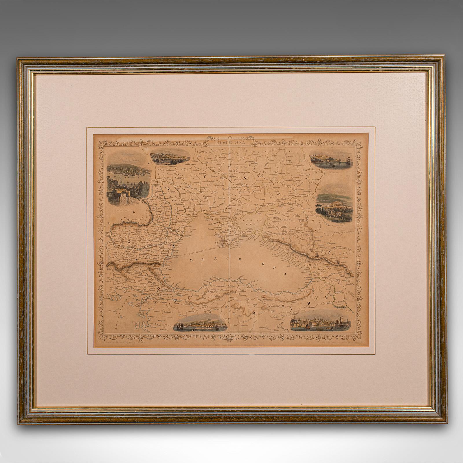 This is an antique lithography map of the Black Sea region. An English, framed atlas engraving of cartographic interest by John Rapkin, dating to the early Victorian period and later, circa 1850.

John Rapkin was considered as one of the best map