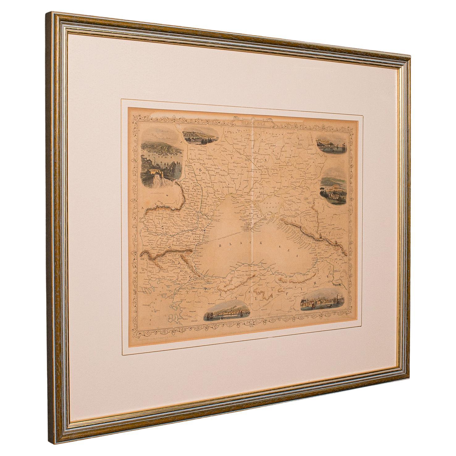 Carte lithographie ancienne, mer noire, anglaise, encadrée, cartographie victorienne en vente