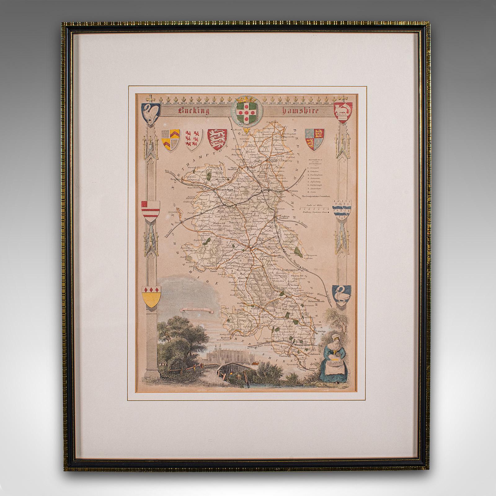 This is an antique lithography map of Buckinghamshire. An English, framed atlas engraving of cartographic interest, dating to the mid 19th century and later.

Superb lithography of Buckinghamshire and its county detail, perfect for