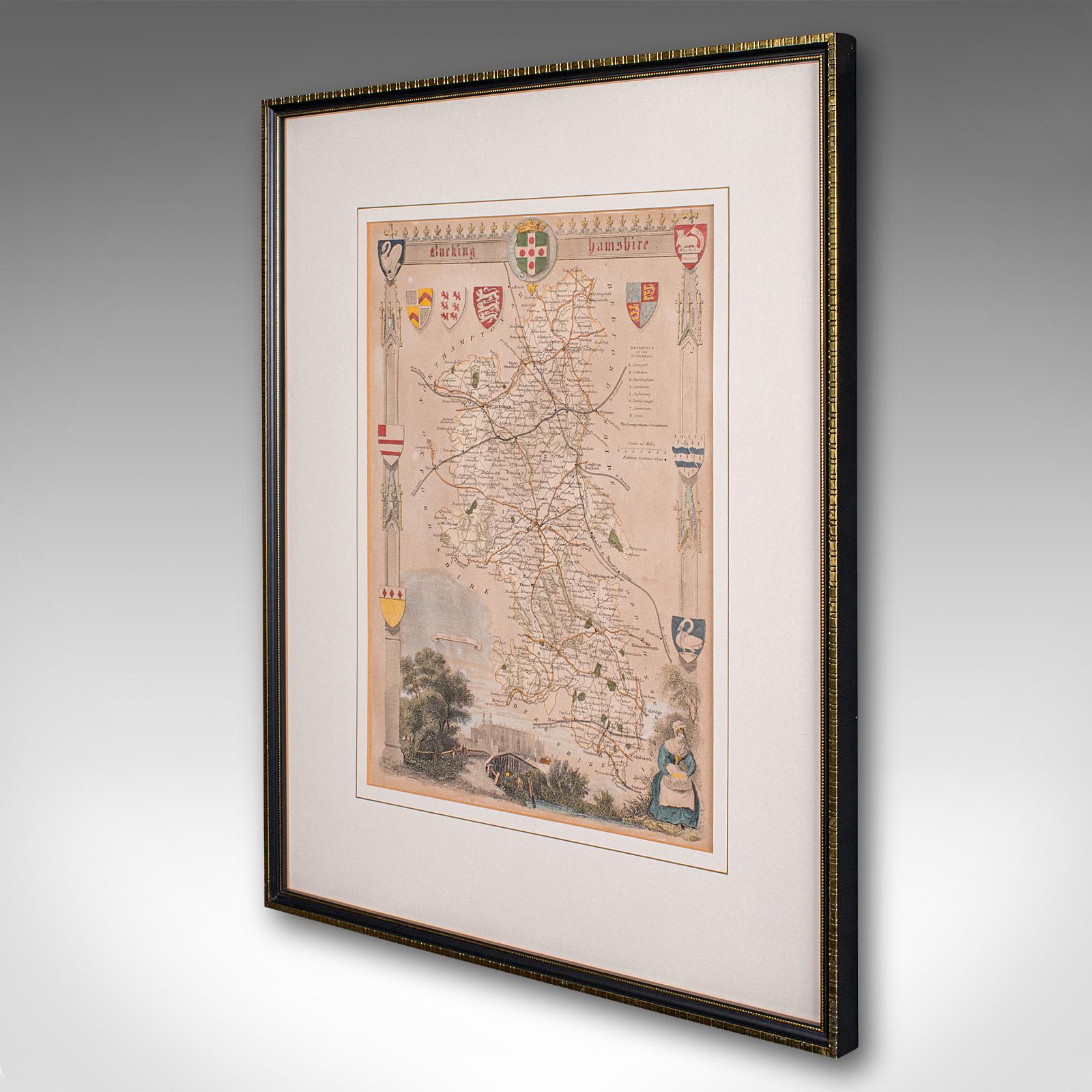 British Antique Lithography Map, Buckinghamshire, English, Framed Cartography, Victorian For Sale