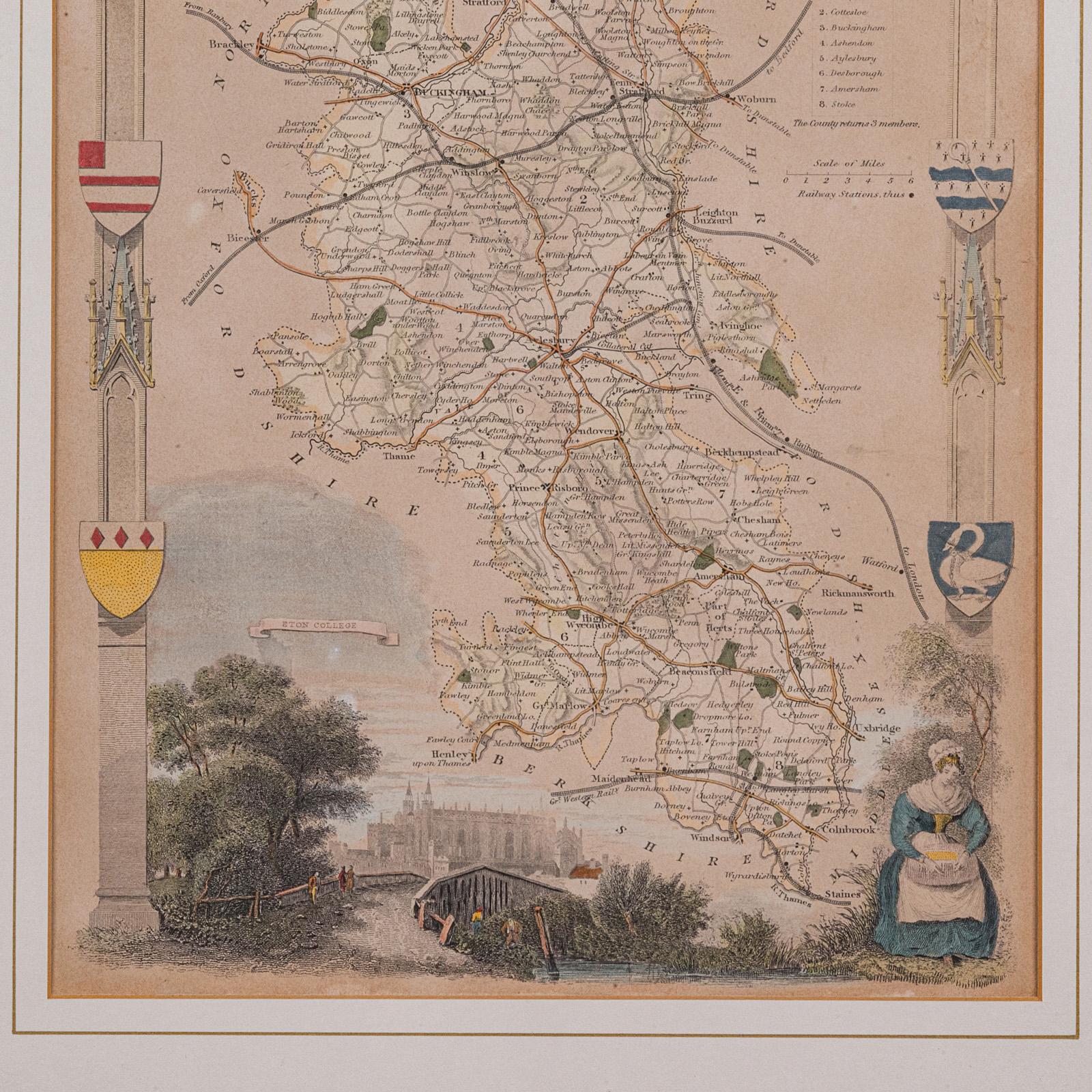 19th Century Antique Lithography Map, Buckinghamshire, English, Framed Cartography, Victorian For Sale