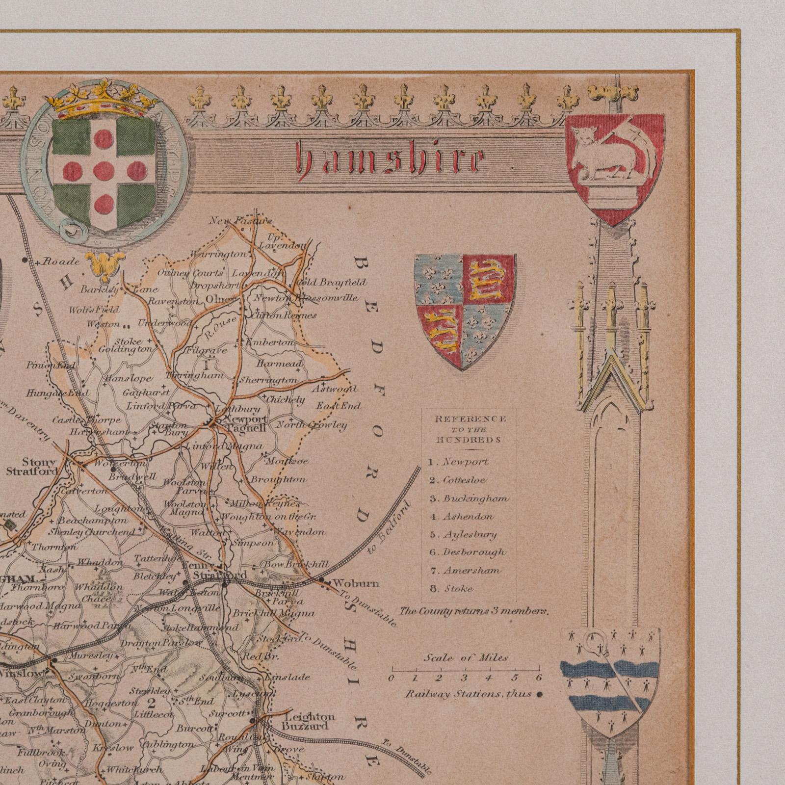 Wood Antique Lithography Map, Buckinghamshire, English, Framed Cartography, Victorian For Sale