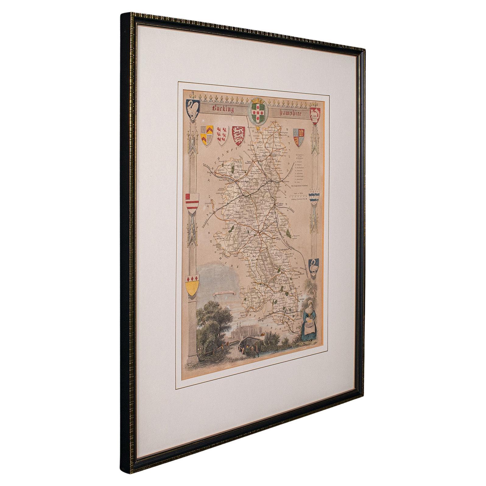 Carte lithographie ancienne, Buckinghamshire, anglaise, cartographie encadrée, victorienne