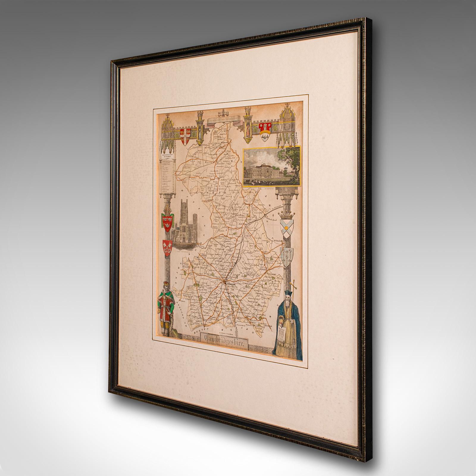 British Antique Lithography Map, Cambridgeshire, English, Framed Cartography, Victorian For Sale