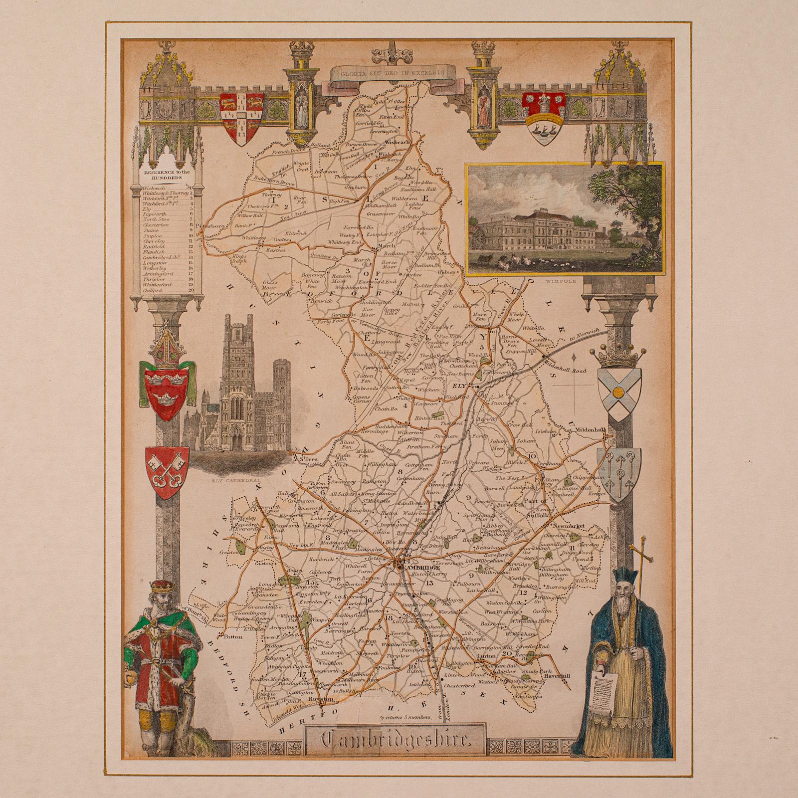 Antique Lithography Map, Cambridgeshire, English, Framed Cartography, Victorian In Good Condition For Sale In Hele, Devon, GB