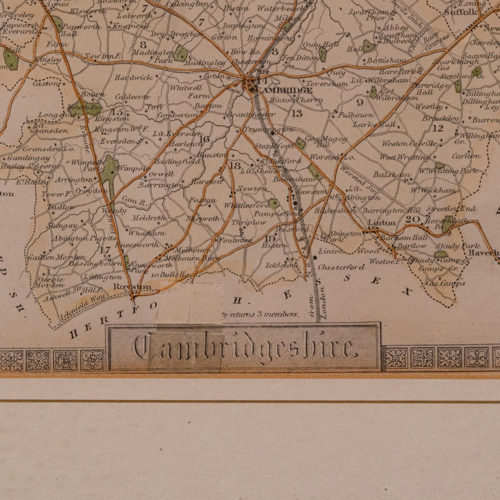 19th Century Antique Lithography Map, Cambridgeshire, English, Framed Cartography, Victorian For Sale