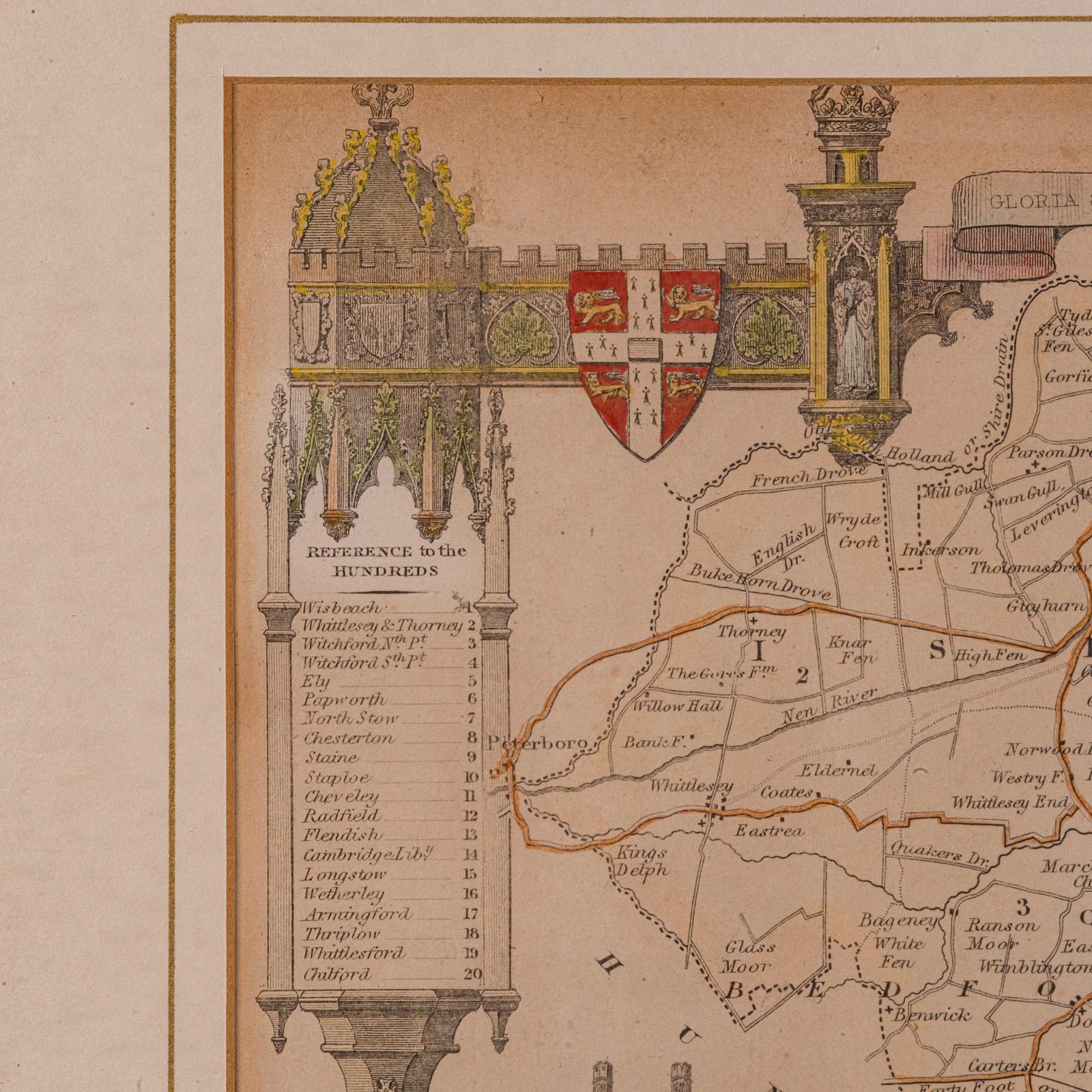 Glass Antique Lithography Map, Cambridgeshire, English, Framed Cartography, Victorian For Sale