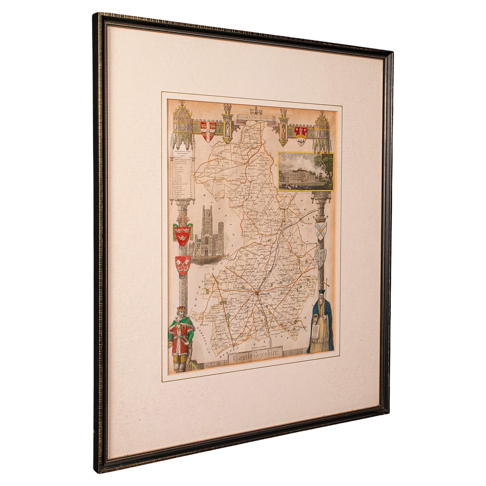 Antique Lithography Map, Cambridgeshire, English, Framed Cartography, Victorian For Sale