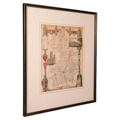 Carte lithographie ancienne, Cambridgeshire, anglaise, cartographie encadrée, victorienne