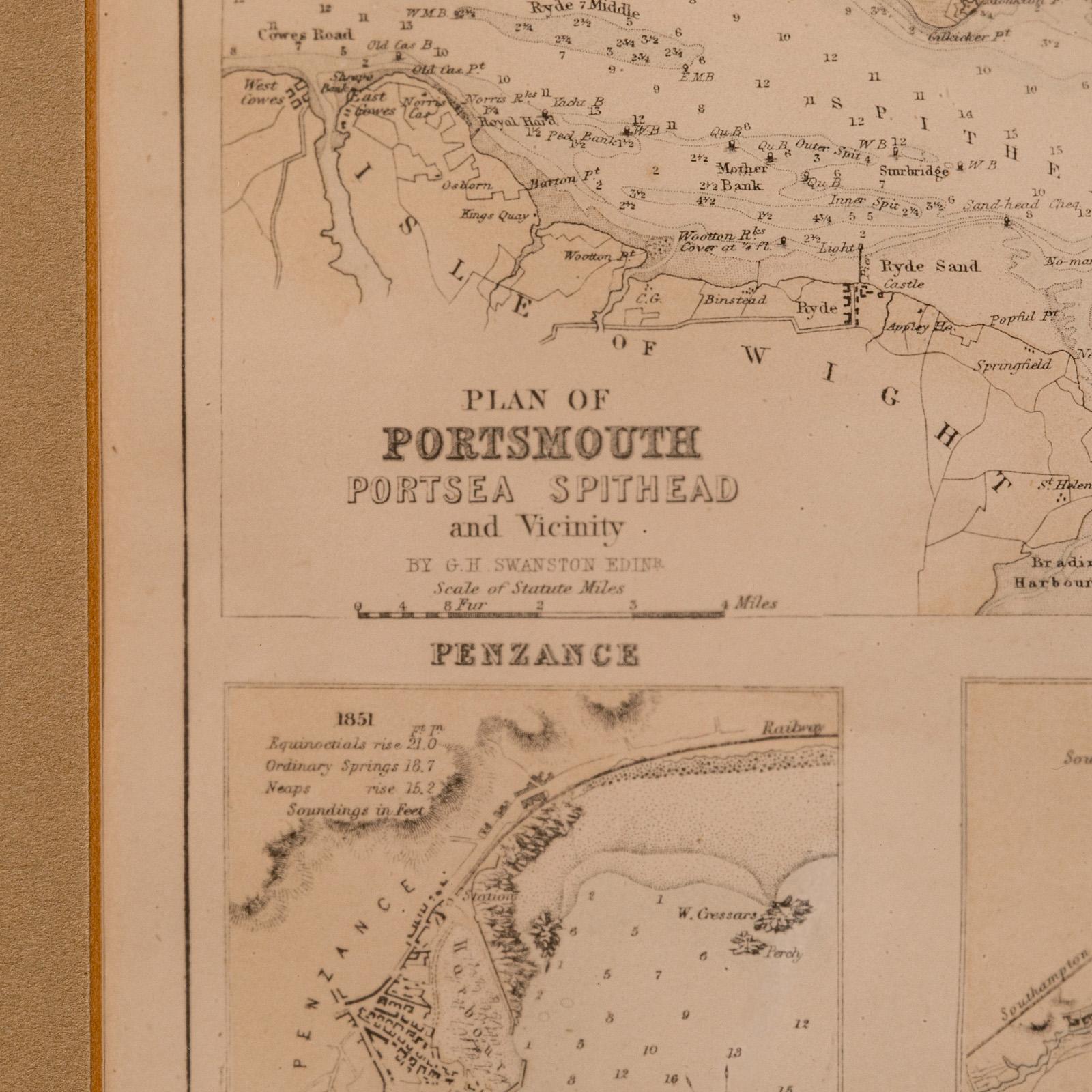 Carta litografica antica, Inghilterra costiera, interesse cartografico incorniciato, epoca vittoriana in vendita 3
