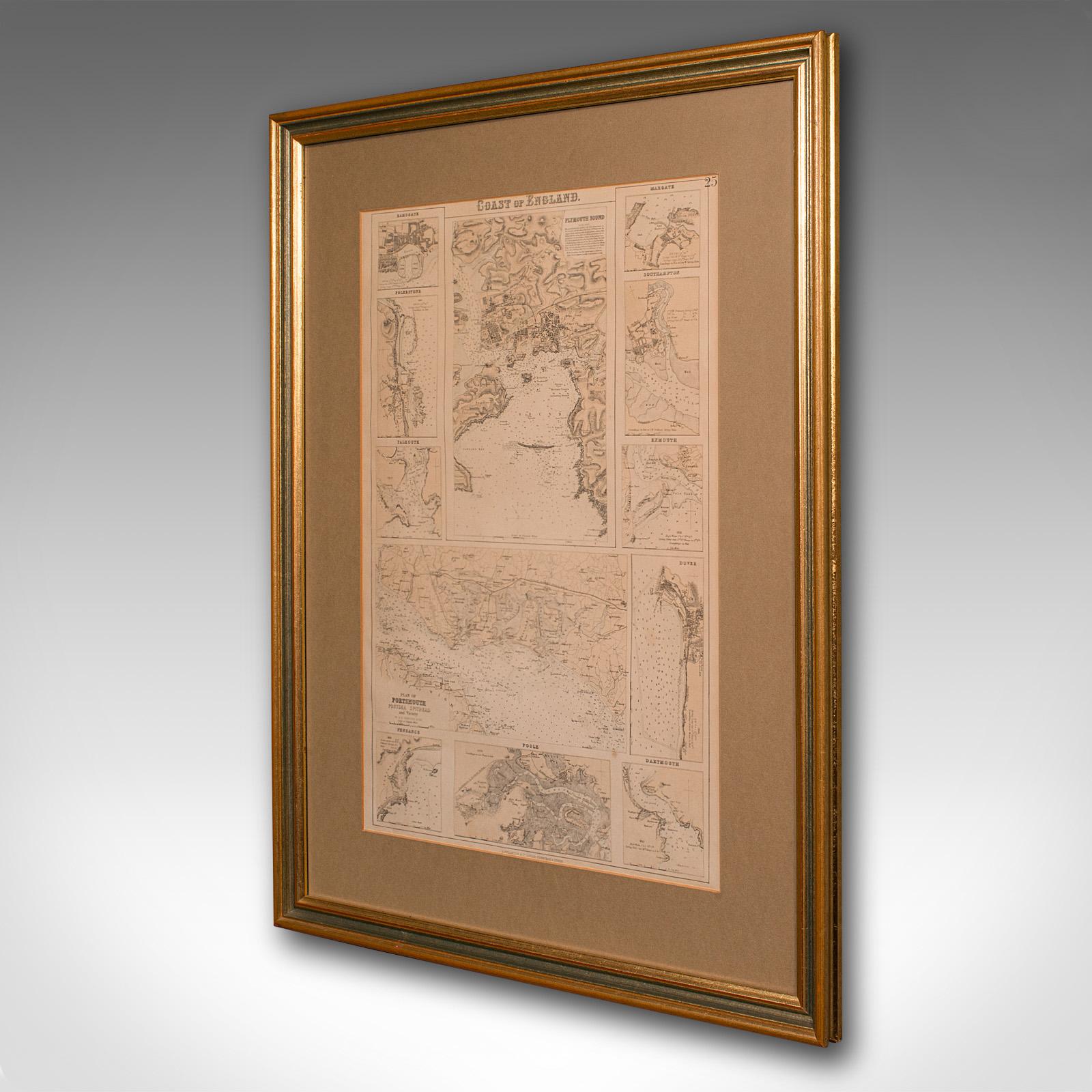 Primo vittoriano Carta litografica antica, Inghilterra costiera, interesse cartografico incorniciato, epoca vittoriana in vendita