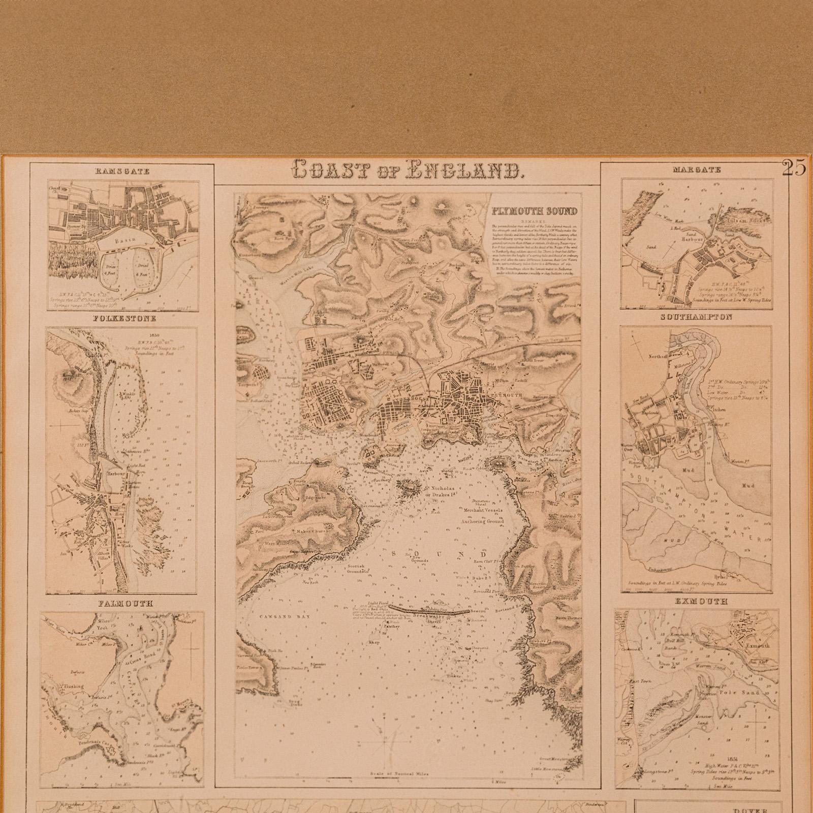 Carta litografica antica, Inghilterra costiera, interesse cartografico incorniciato, epoca vittoriana In condizioni buone in vendita a Hele, Devon, GB