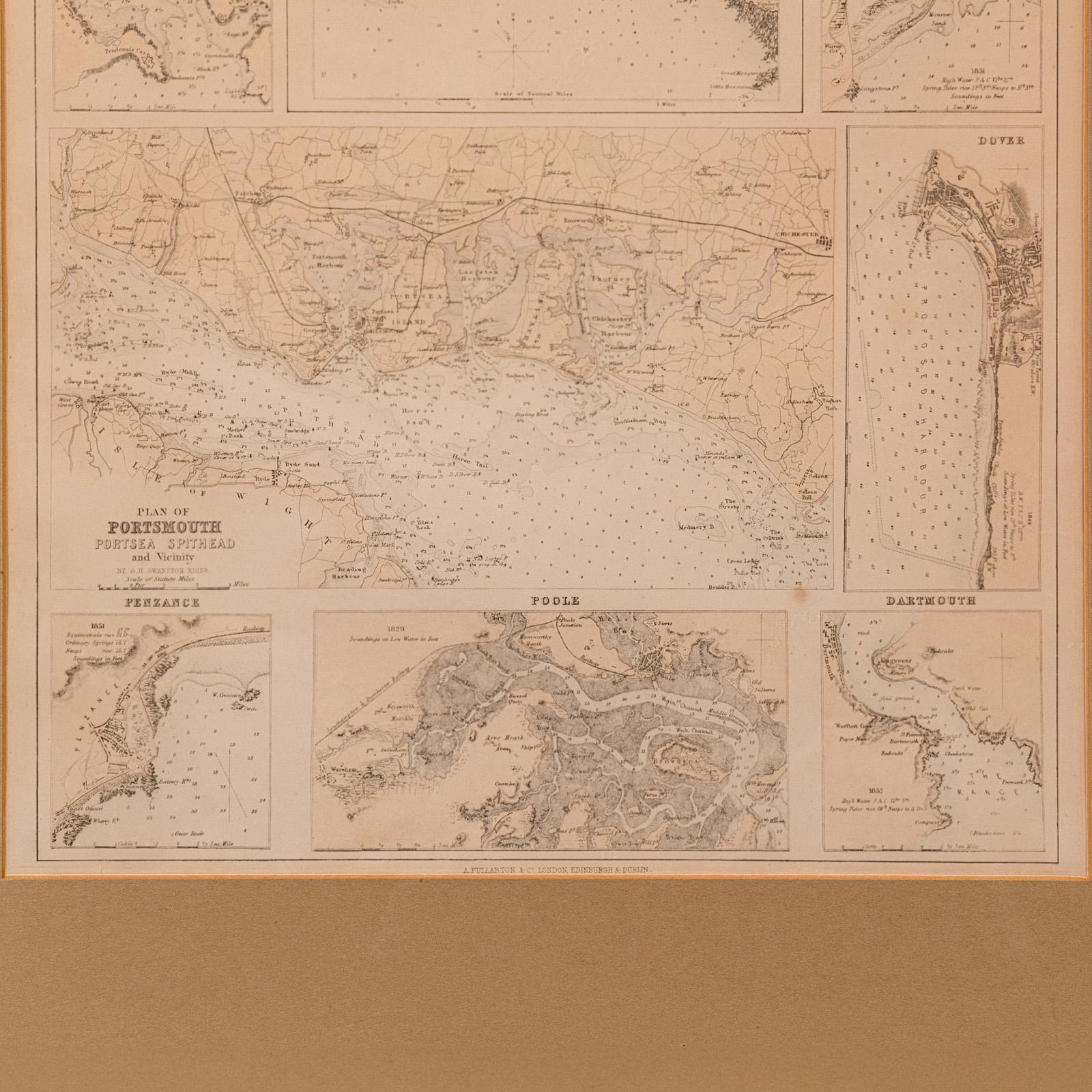 XIX secolo Carta litografica antica, Inghilterra costiera, interesse cartografico incorniciato, epoca vittoriana in vendita