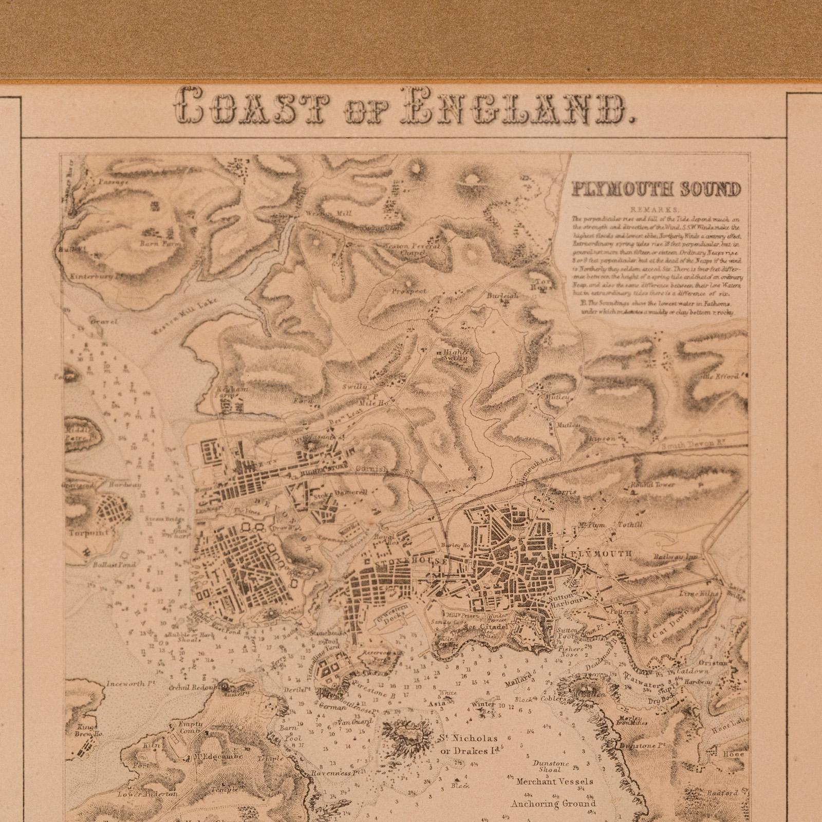 Vetro Carta litografica antica, Inghilterra costiera, interesse cartografico incorniciato, epoca vittoriana in vendita