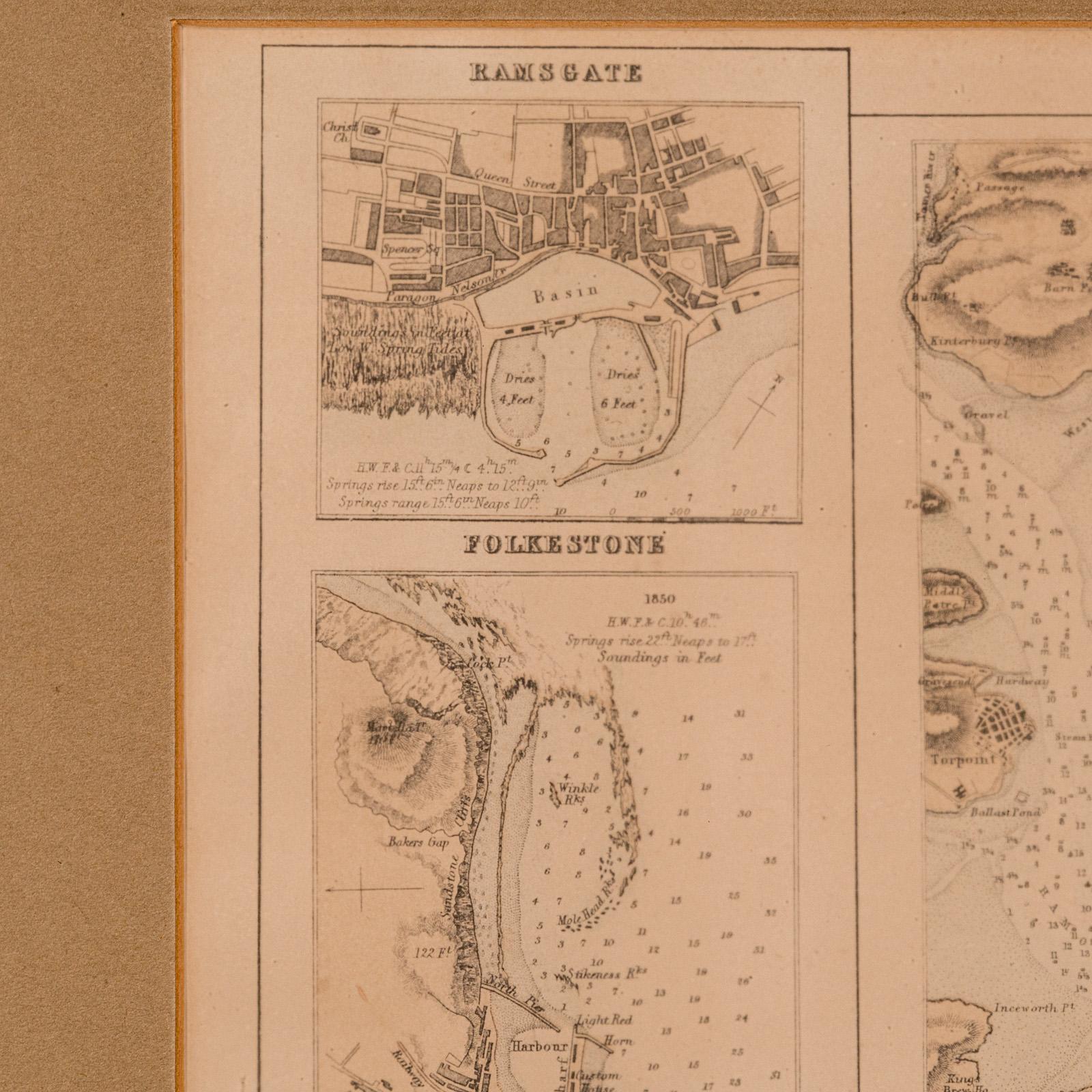 Carta litografica antica, Inghilterra costiera, interesse cartografico incorniciato, epoca vittoriana in vendita 1
