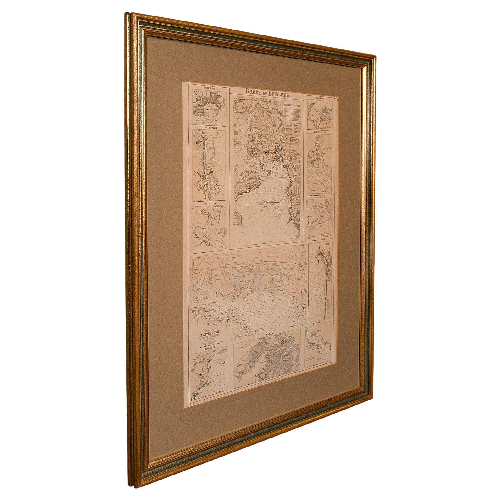Antike Lithografiekarte, Küsten Englands, gerahmte Cartografie, Interesse, viktorianisch