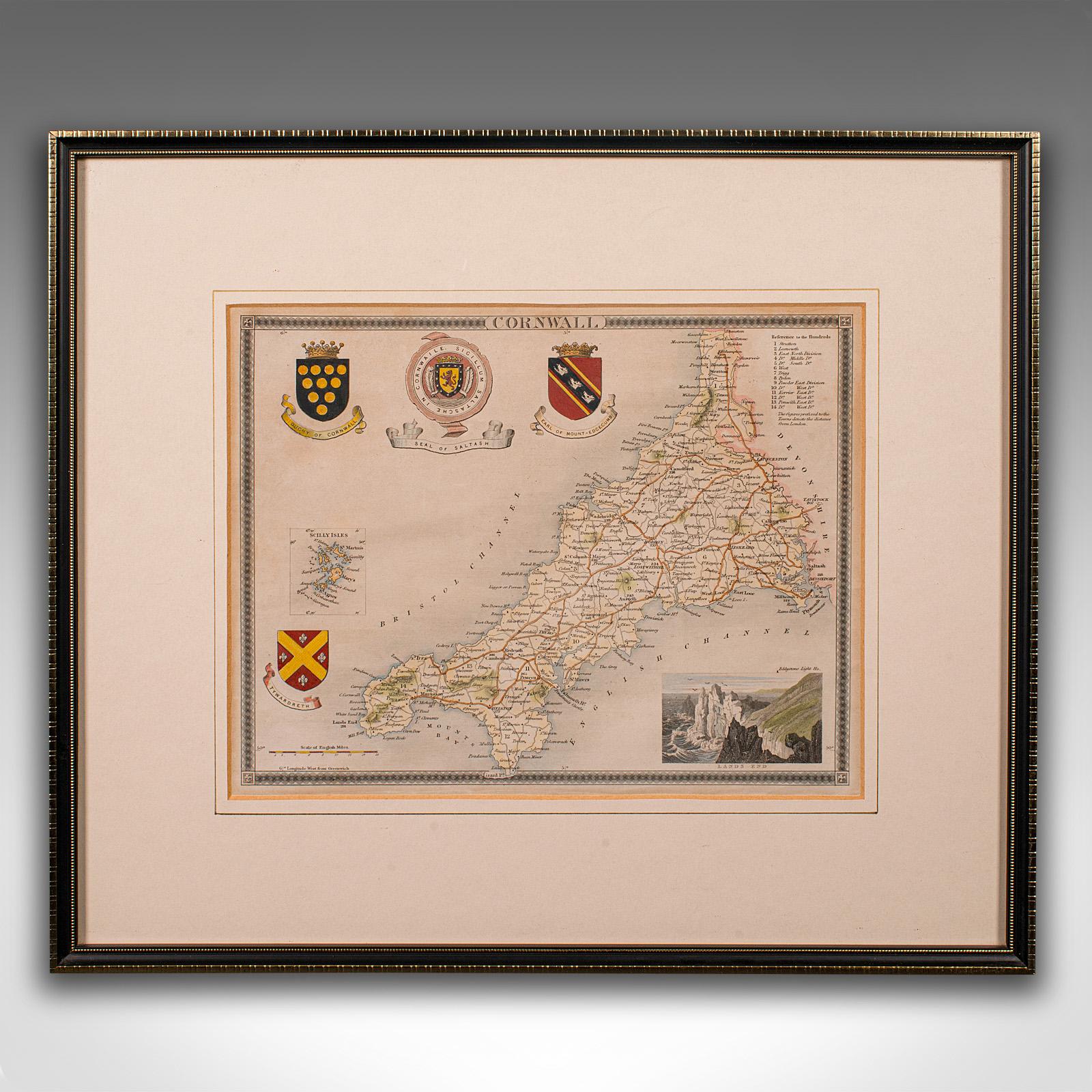 This is an antique lithography map of the Duchy of Cornwall. An English, framed atlas engraving of cartographic interest, dating to the early 19th century and later.

Superb lithography of Conrwall and its county detail, perfect for