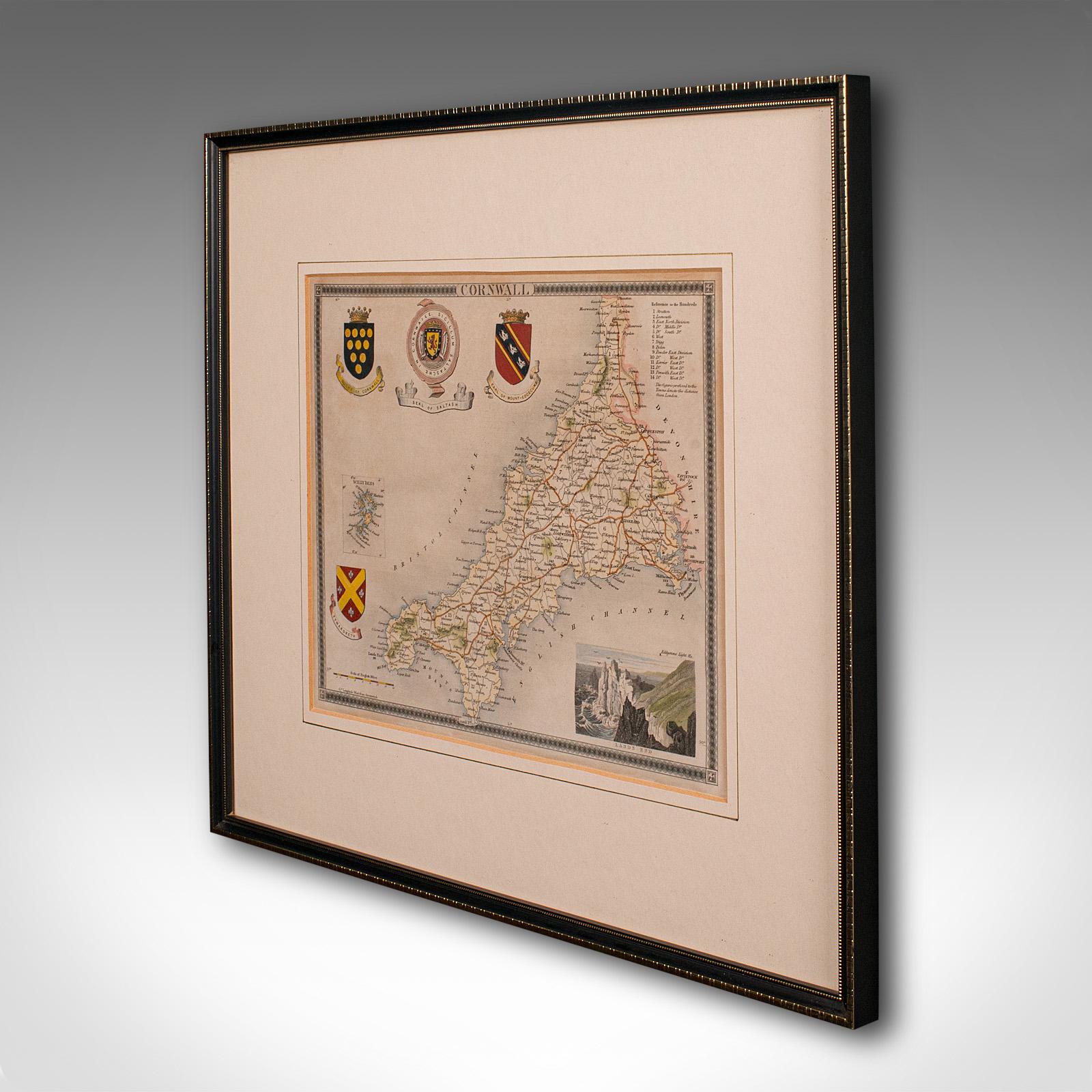 Antike Lithografiekarte, Cornwall, englischer gerahmter Kupferstich, Cartografie, um 1850 (Viktorianisch) im Angebot