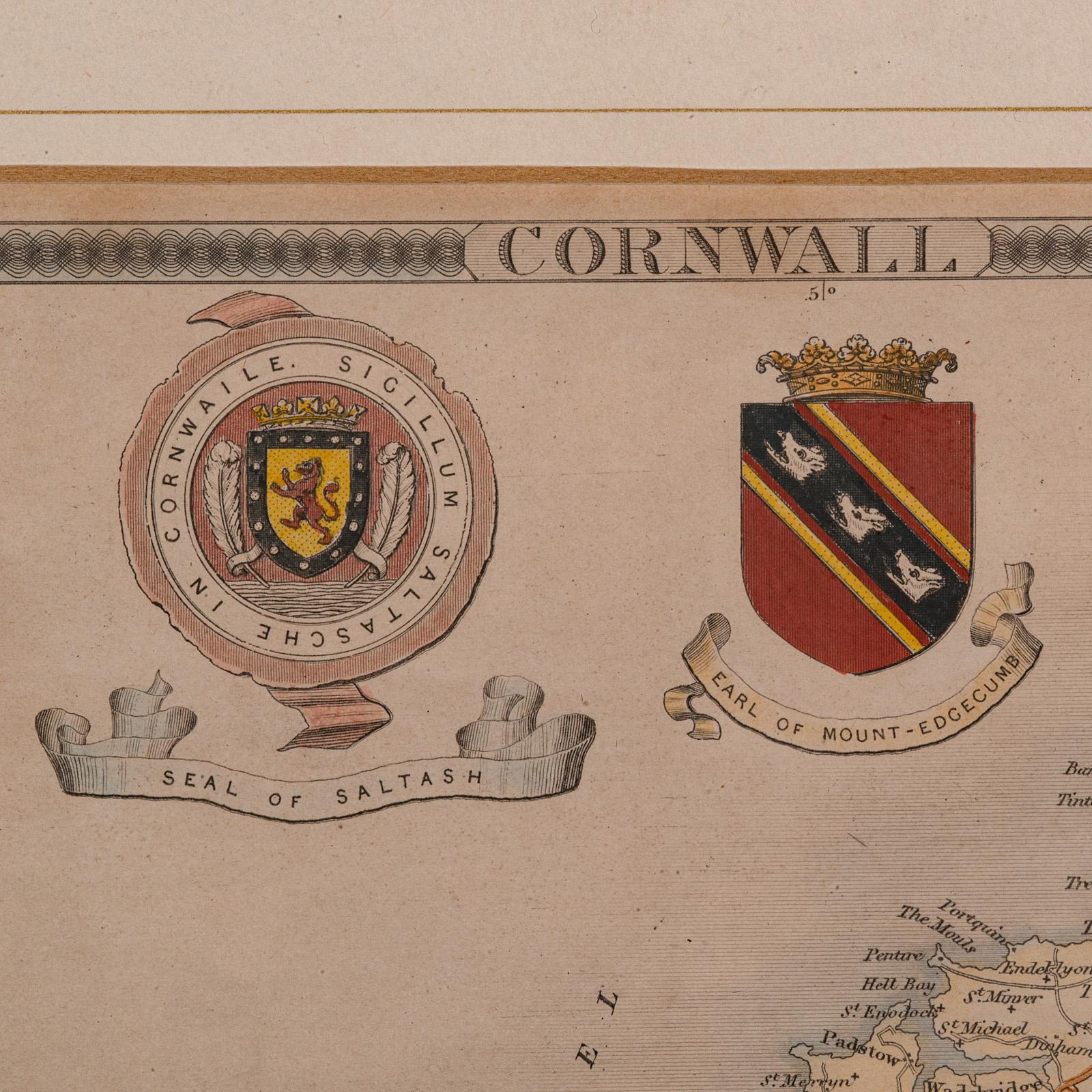 Victorian Antique Lithography Map, Cornwall, English Framed Engraving, Cartography, C.1850 For Sale
