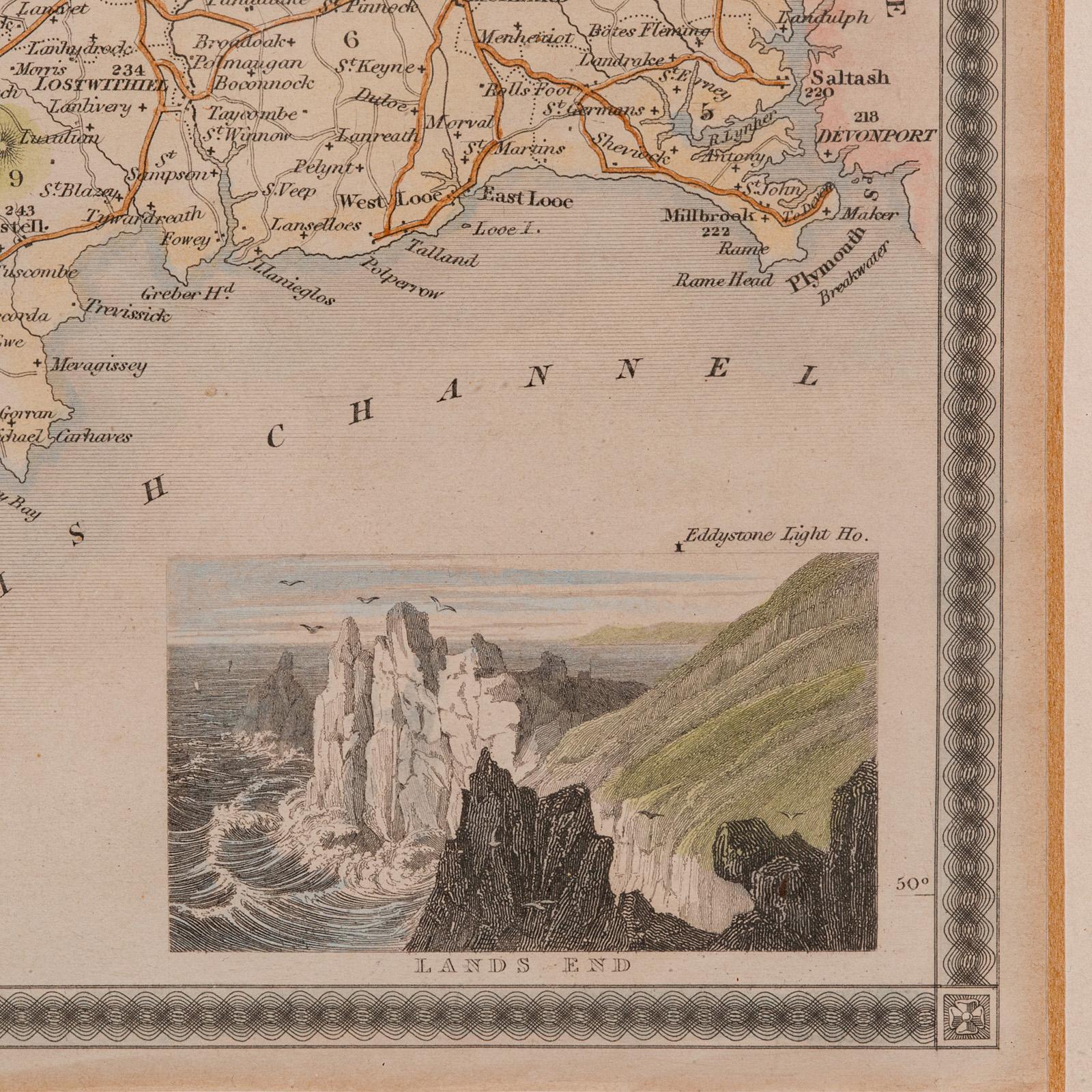 19th Century Antique Lithography Map, Cornwall, English Framed Engraving, Cartography, C.1850 For Sale