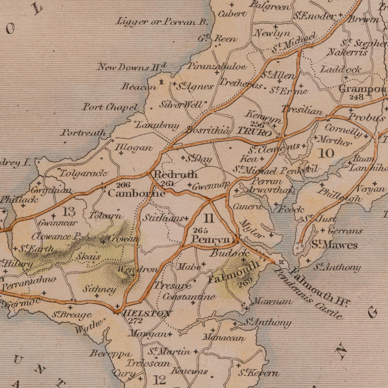 Wood Antique Lithography Map, Cornwall, English Framed Engraving, Cartography, C.1850 For Sale