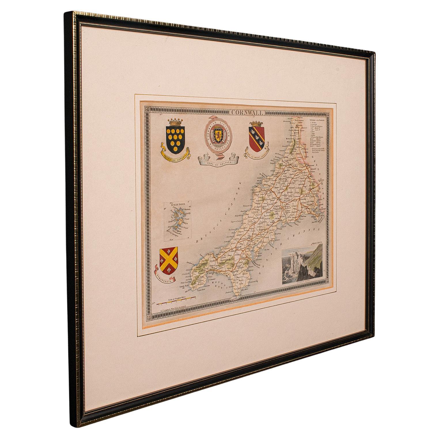 Antique Lithography Map, Cornwall, English Framed Engraving, Cartography, C.1850 For Sale
