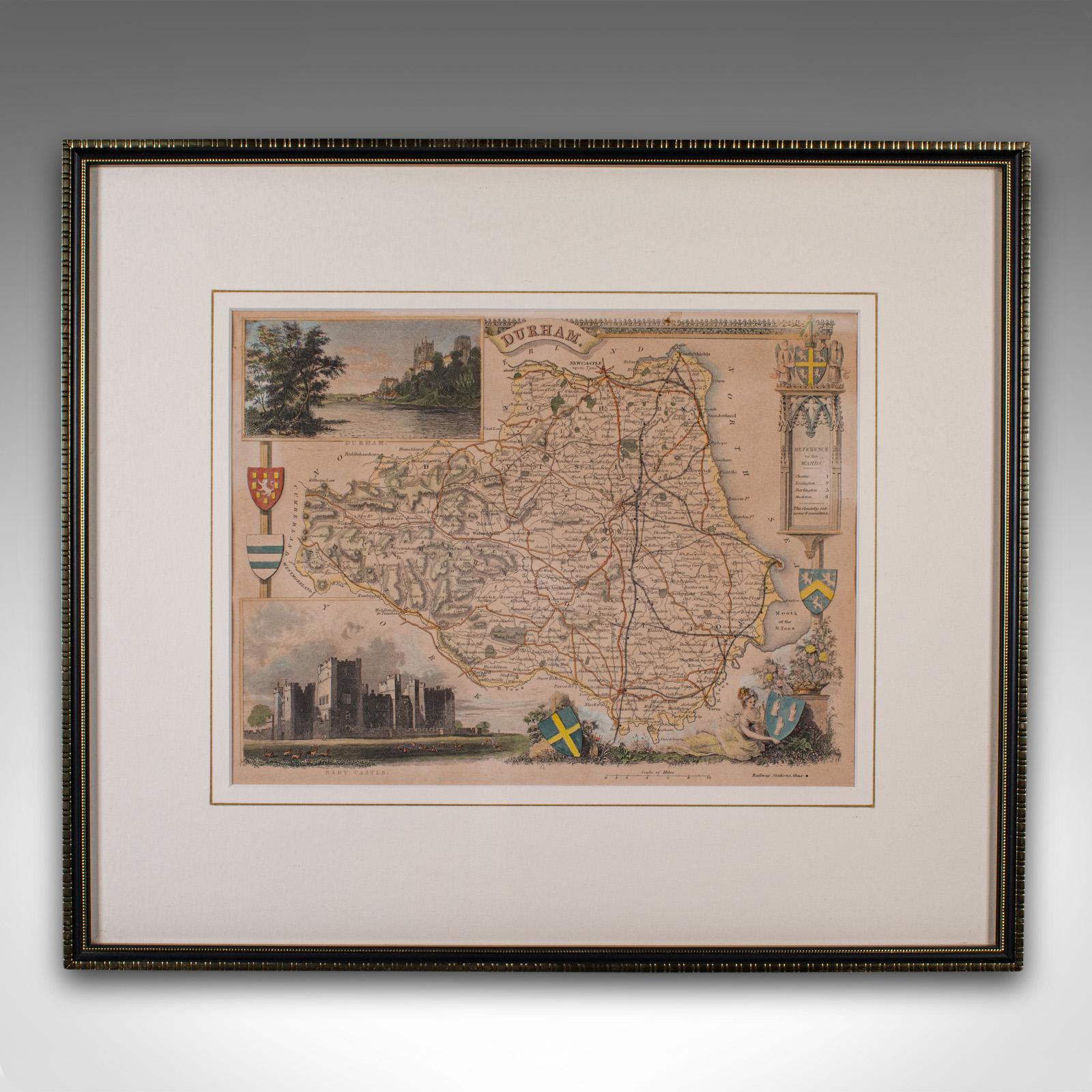 This is an antique lithography map of County Durham. An English, framed atlas engraving of cartographic interest, dating to the mid 19th century and later.

Superb lithography of County Durham and regional detail, perfect for display
Displaying a