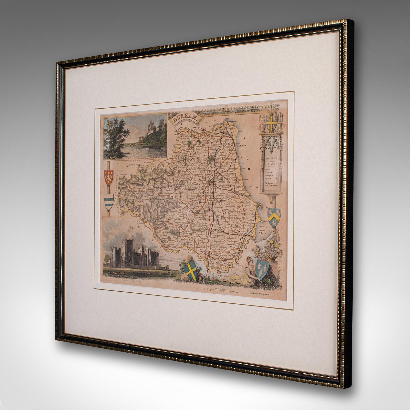 Mid-Century Modern Antique Lithography Map, County Durham, English, Framed Cartography, Victorian For Sale