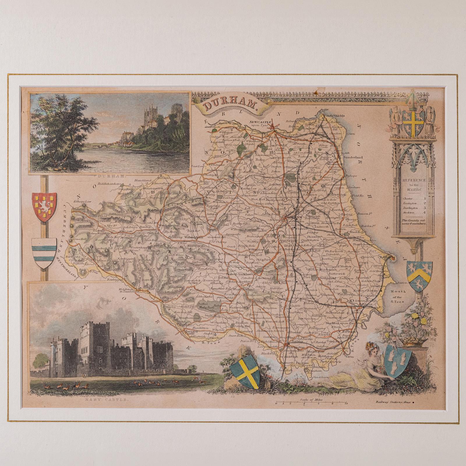 British Antique Lithography Map, County Durham, English, Framed Cartography, Victorian For Sale