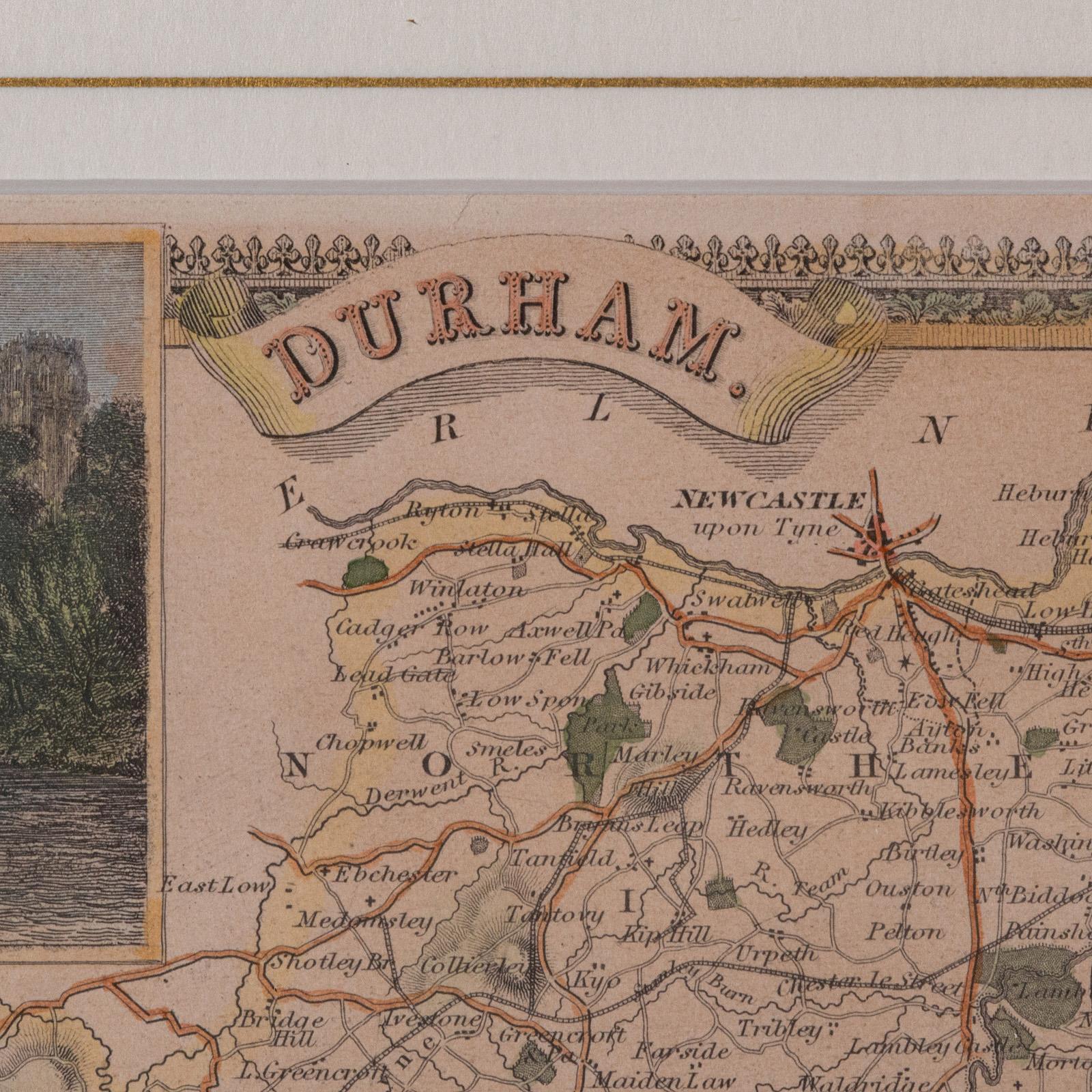 Antike Lithographie Karte, County Durham, Englisch, Gerahmte Kartographie, Viktorianisch im Zustand „Gut“ im Angebot in Hele, Devon, GB