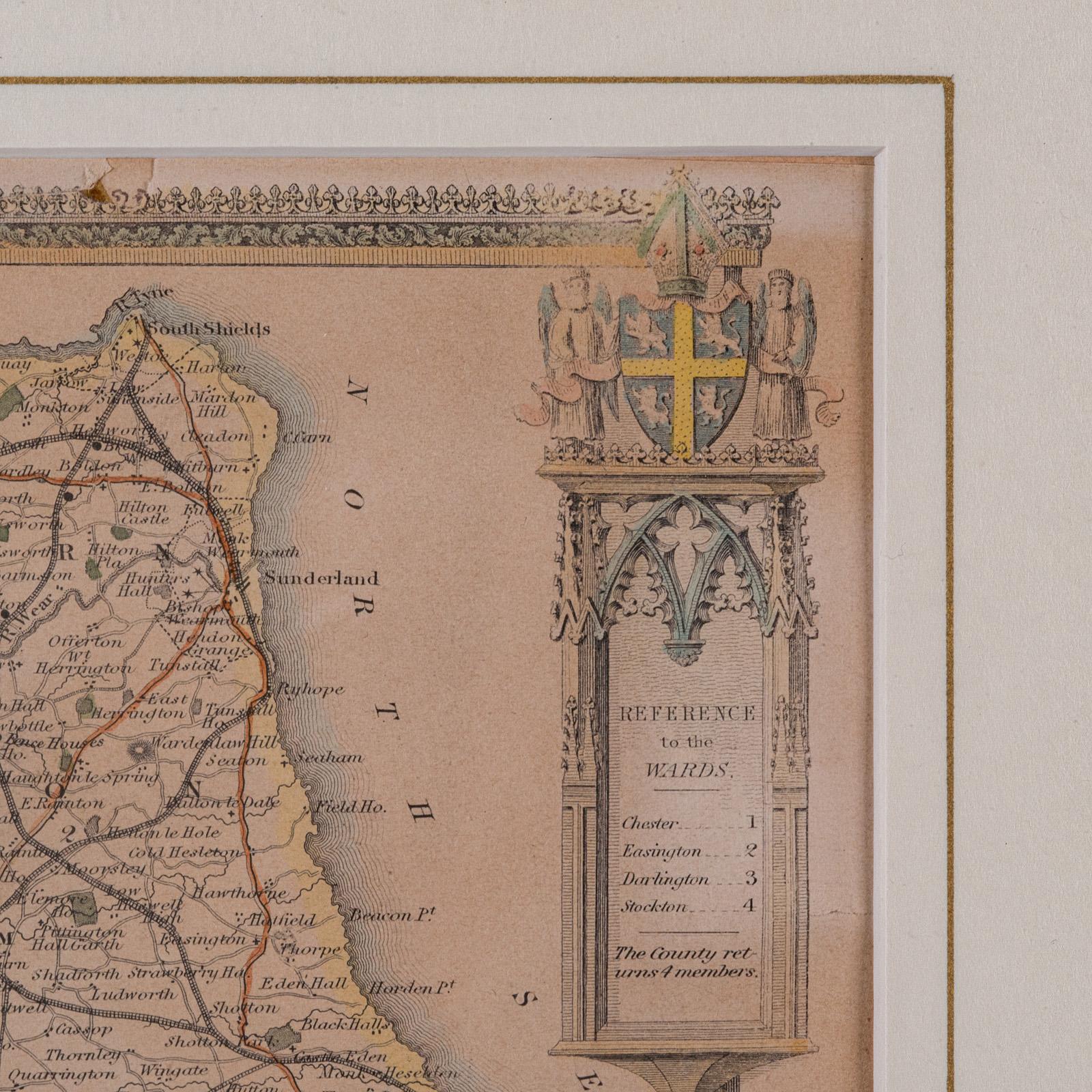 Wood Antique Lithography Map, County Durham, English, Framed Cartography, Victorian For Sale