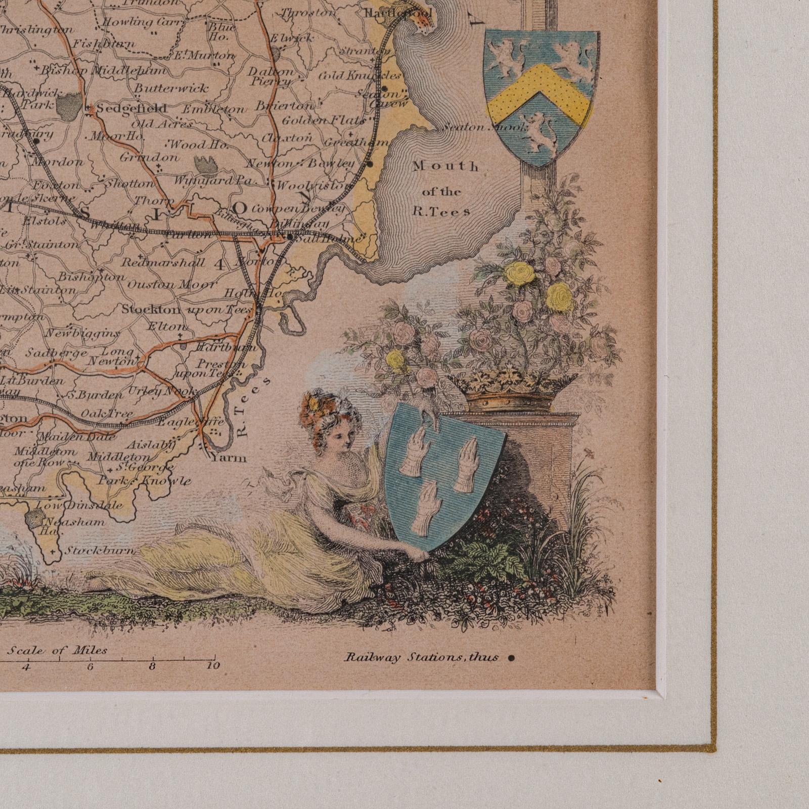 Antique Lithography Map, County Durham, English, Framed Cartography, Victorian For Sale 1