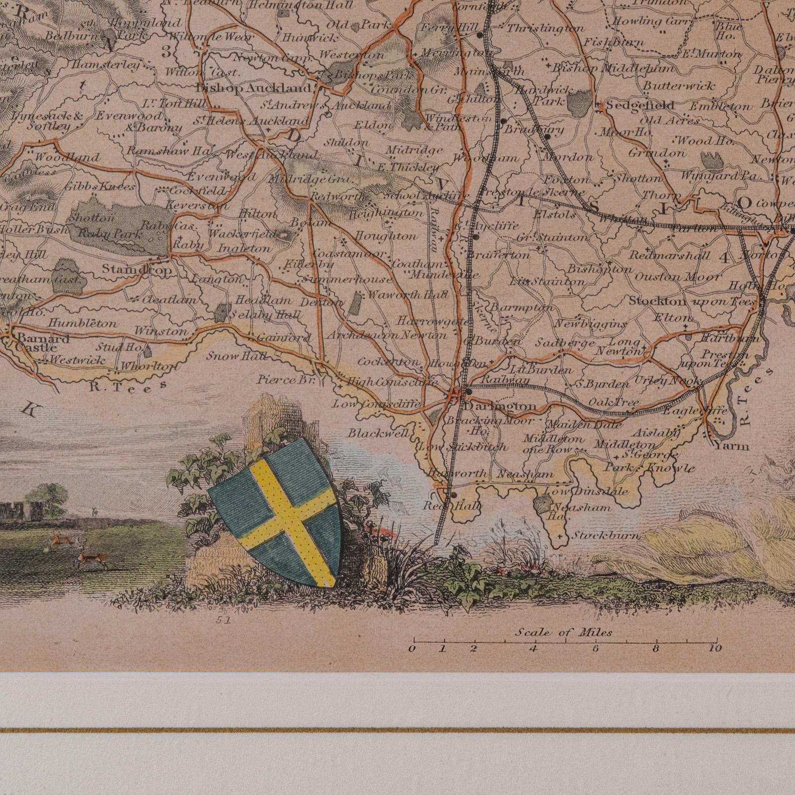 Antike Lithographie Karte, County Durham, Englisch, Gerahmte Kartographie, Viktorianisch im Angebot 2