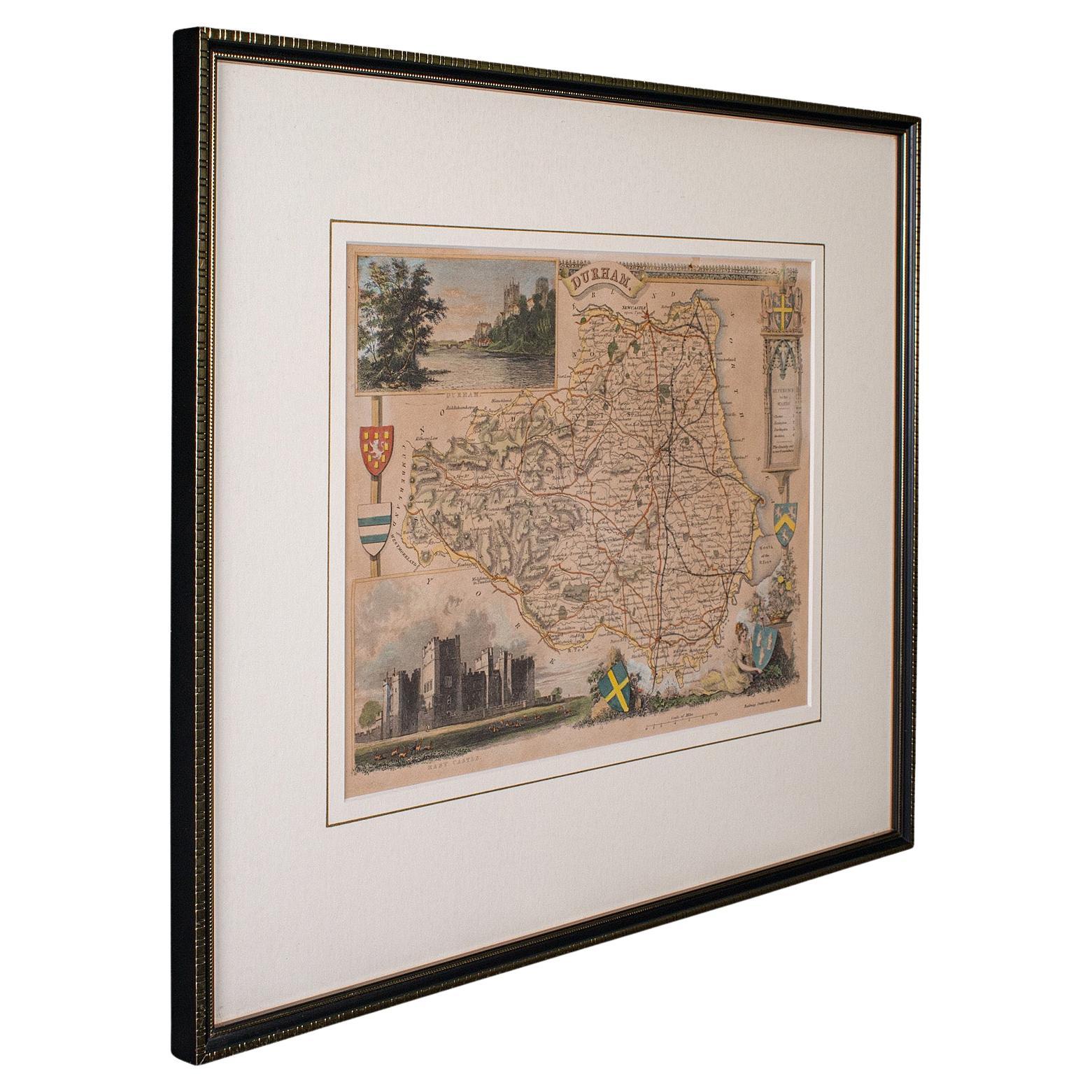 Antique Lithography Map, County Durham, English, Framed Cartography, Victorian For Sale