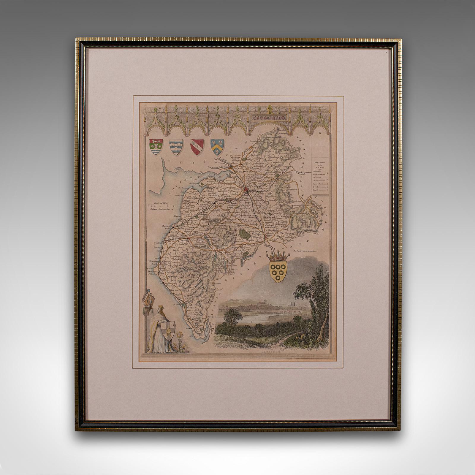 
This is an antique lithography map of Cumberland. An English, framed atlas engraving of cartographic interest, dating to the mid 19th century and later.

Superb lithography of the historical county of Cumberland in fine detail, perfect for
