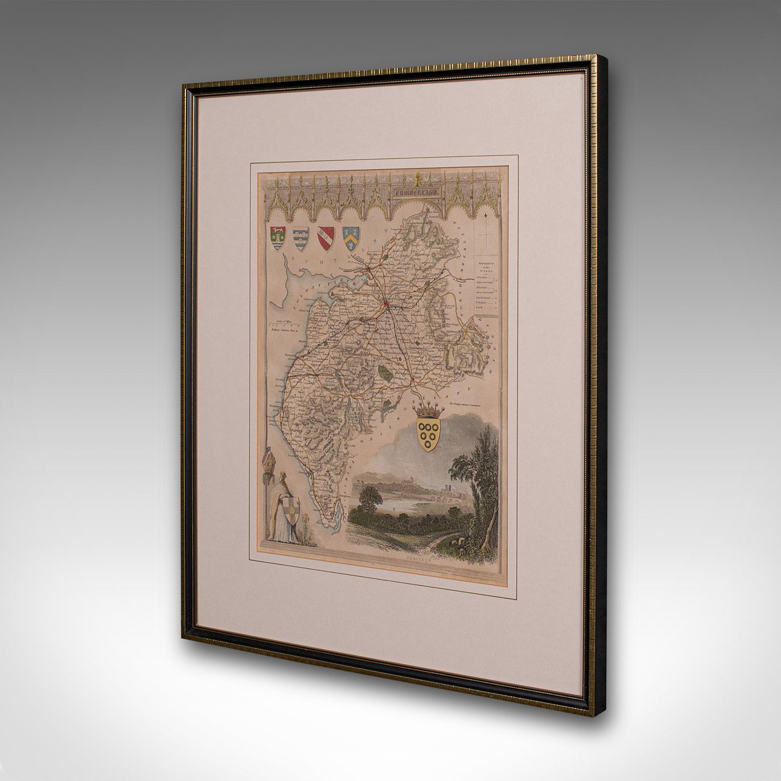 British Antique Lithography Map, Cumberland, English, Framed, Cartography, Victorian For Sale
