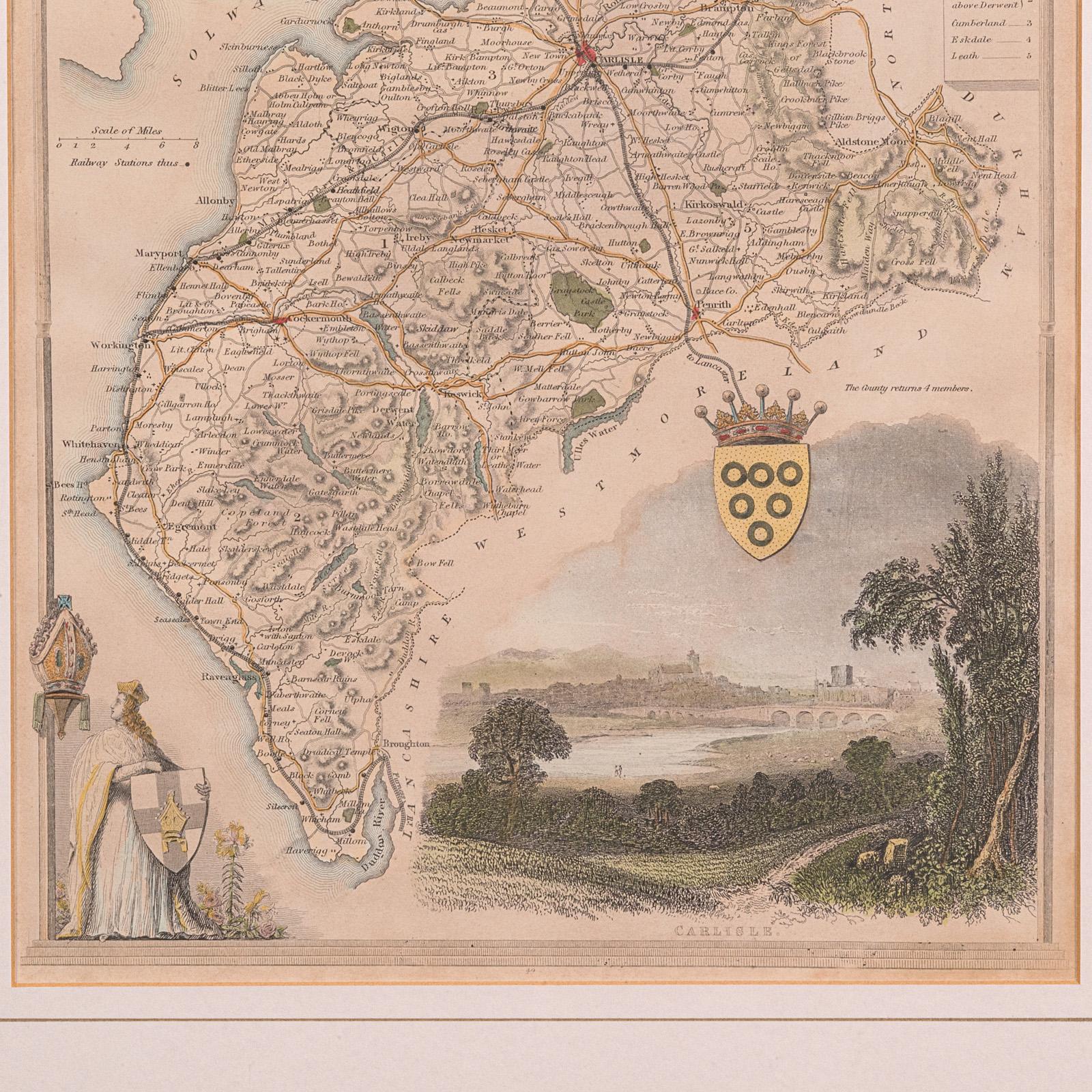 Wood Antique Lithography Map, Cumberland, English, Framed, Cartography, Victorian For Sale