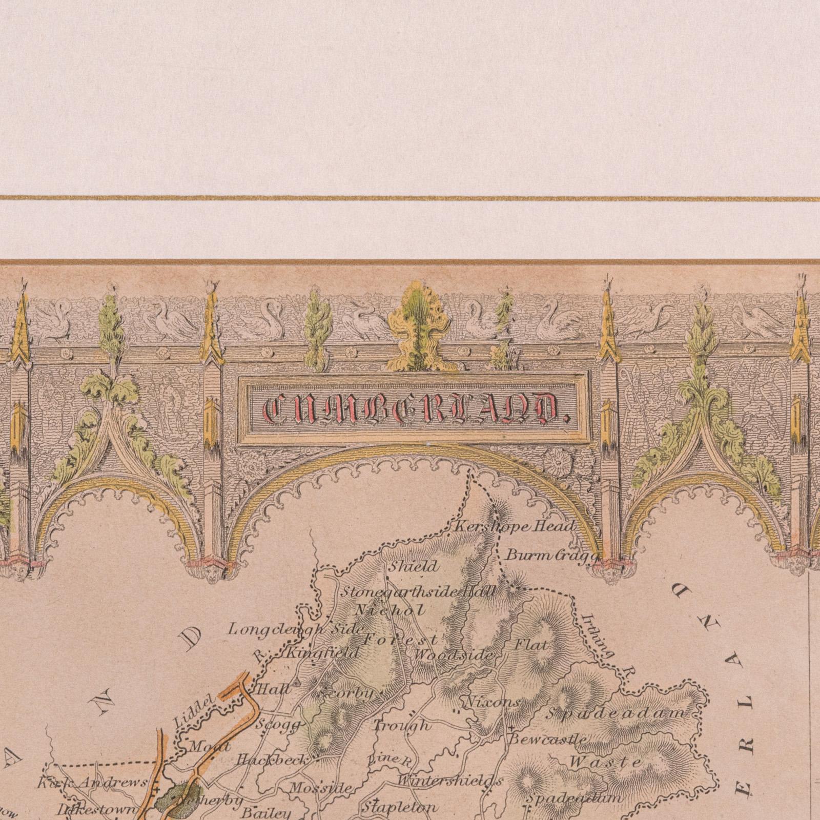 Antique Lithography Map, Cumberland, English, Framed, Cartography, Victorian For Sale 1