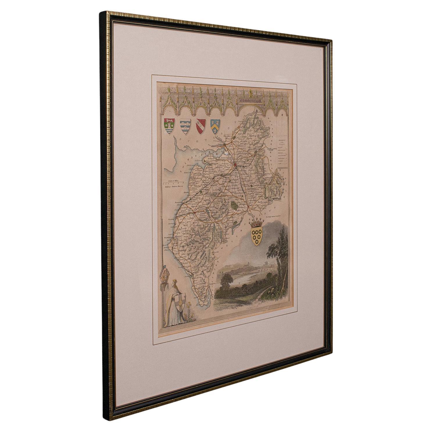 Carta litografica antica, Cumberland, Inglese, Incorniciata, Cartografia, Vittoriana