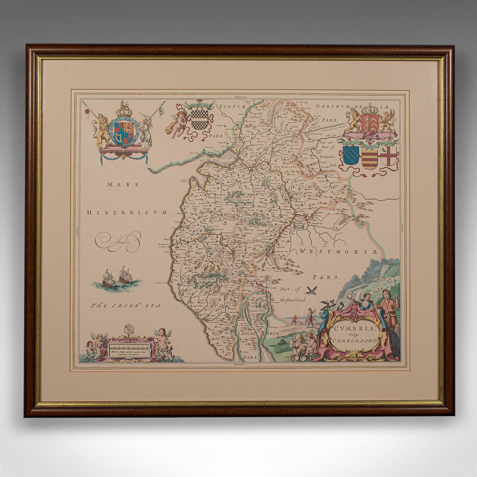 This is an antique lithography map of Cumbria. An English, framed engraving of cartographic interest, dating to the early 18th century and later.

Charming lithography of Cumbria with appealing decorative flourishes
Displaying a desirable aged