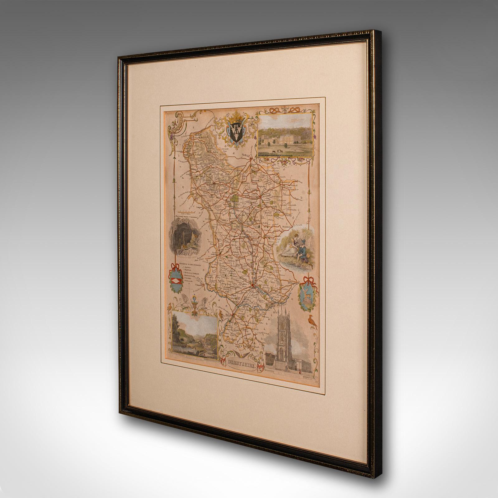 Victorien Carte lithographie ancienne, Derbyshire, anglaise, cartographie encadrée, victorienne en vente