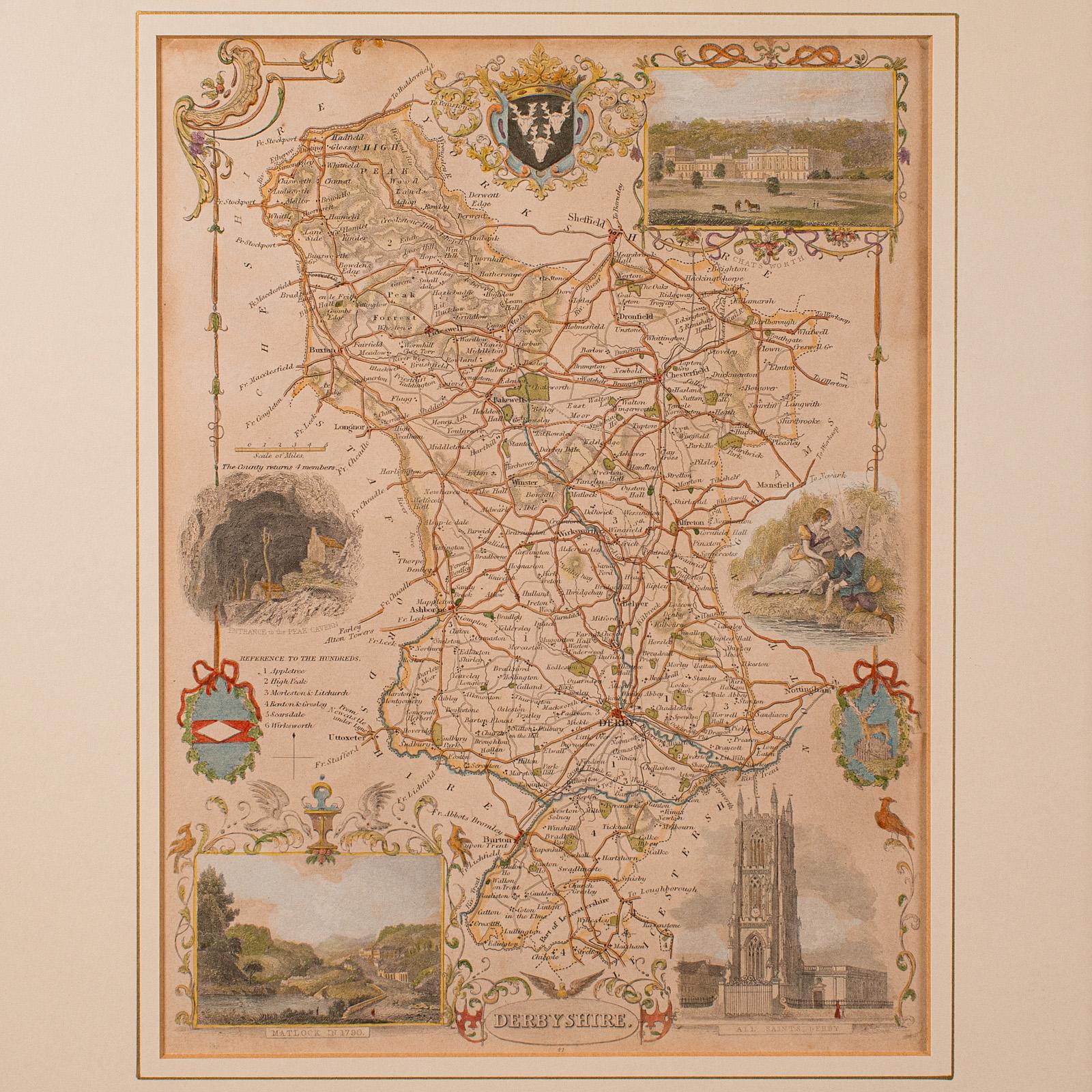 Britannique Carte lithographie ancienne, Derbyshire, anglaise, cartographie encadrée, victorienne en vente