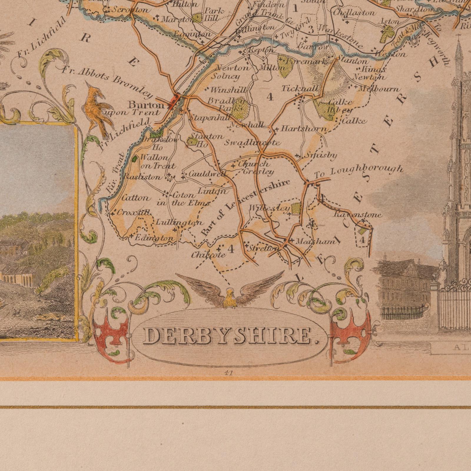 Carte lithographie ancienne, Derbyshire, anglaise, cartographie encadrée, victorienne Bon état - En vente à Hele, Devon, GB